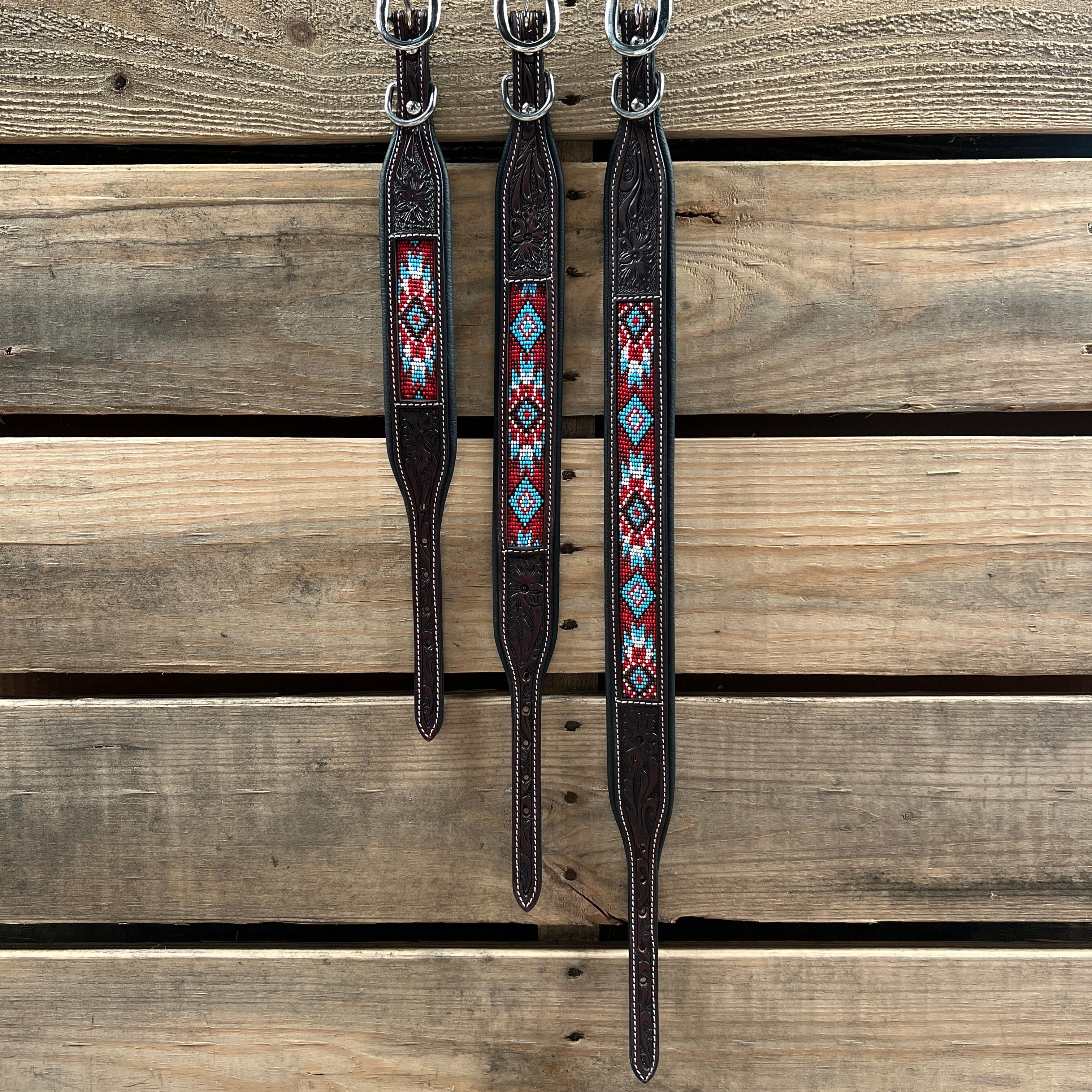 Tooled Red and Blue Genuine Leather Beaded Dog Collar #DC442 — view 3