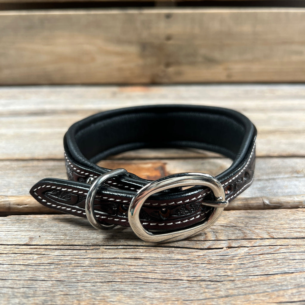 Tooled Red and Blue Genuine Leather Beaded Dog Collar #DC442 — view 2