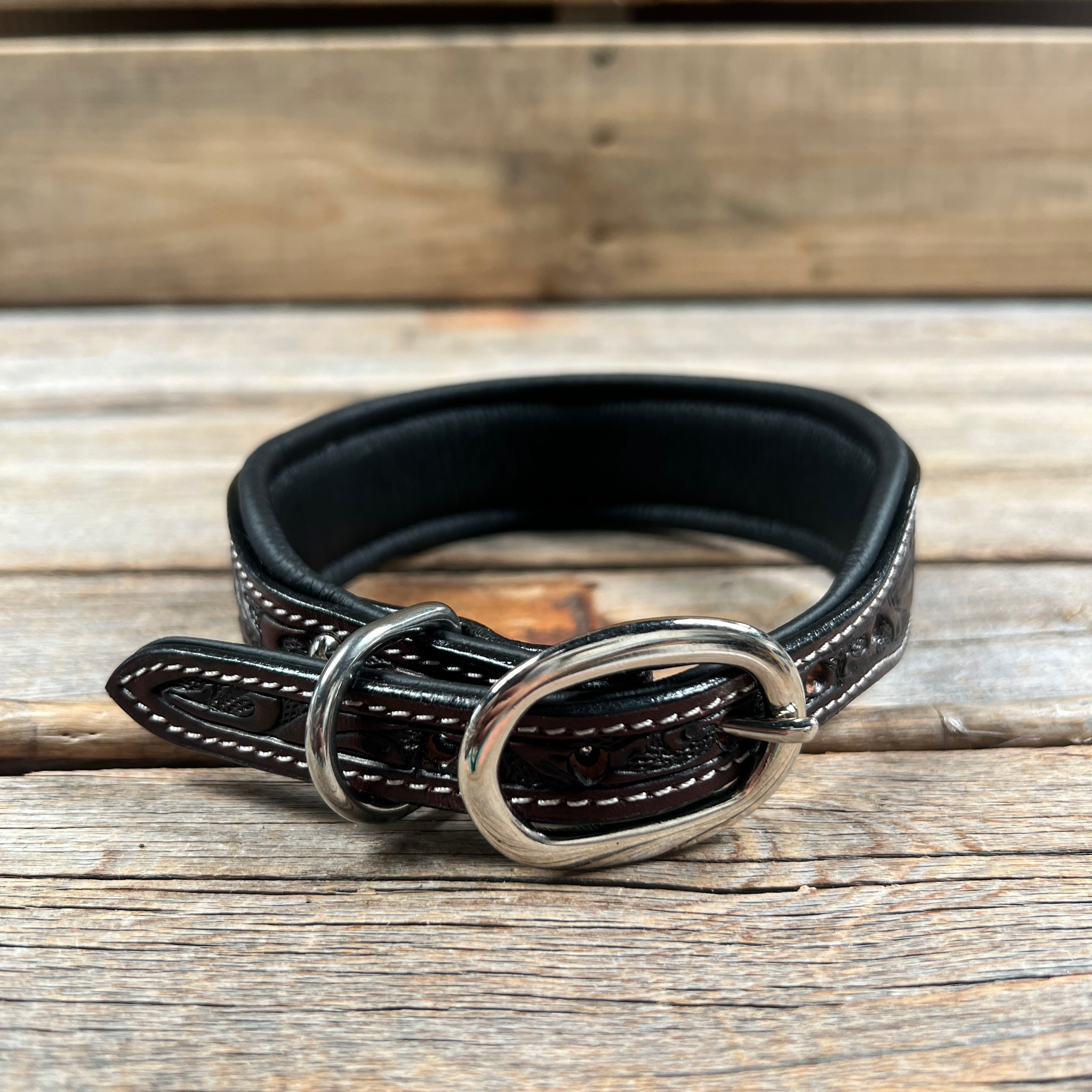 Tooled Red and Blue Genuine Leather Beaded Dog Collar #DC442 — view 2