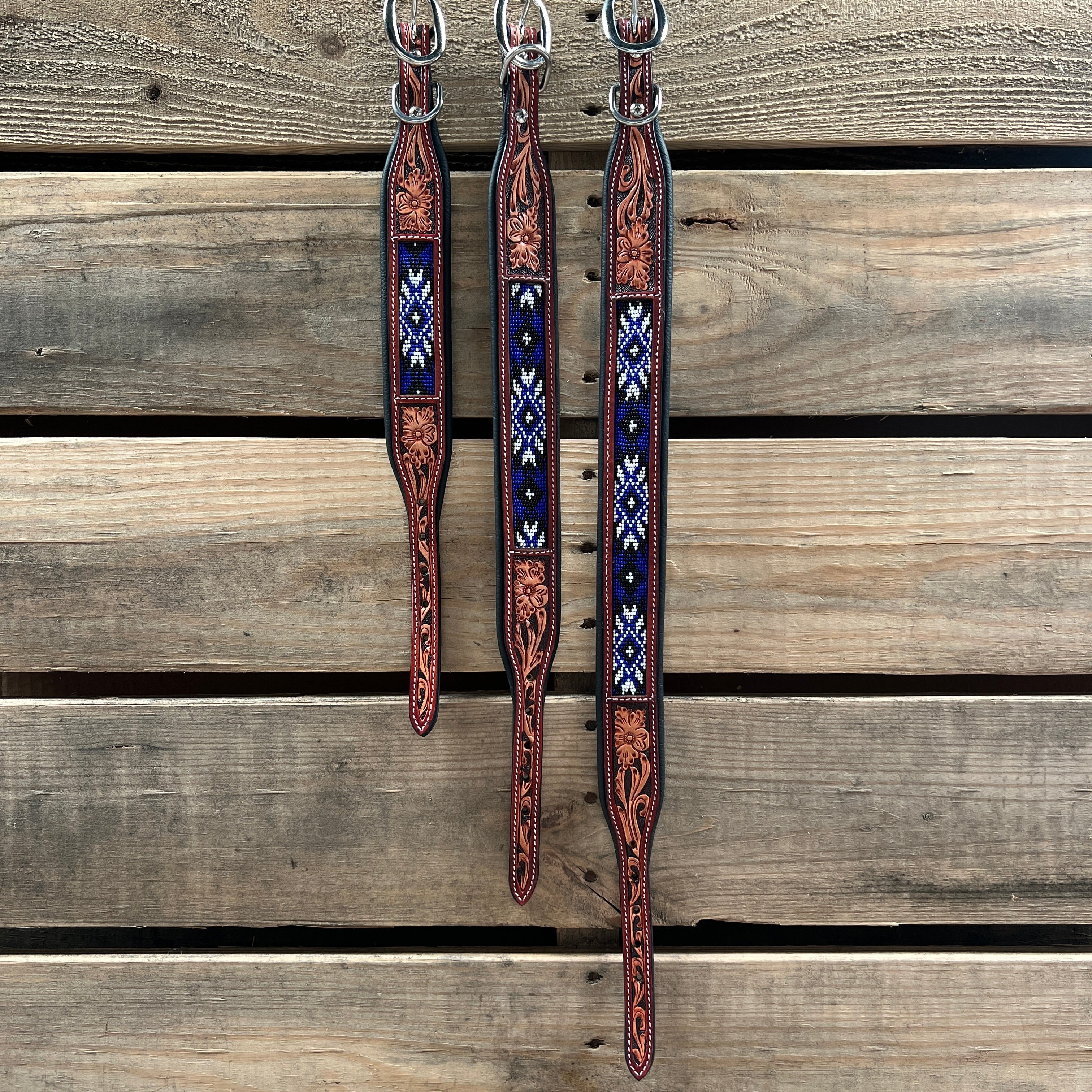 Tooled Blue and White Genuine Leather Beaded Dog Collar #DC440 — view 3