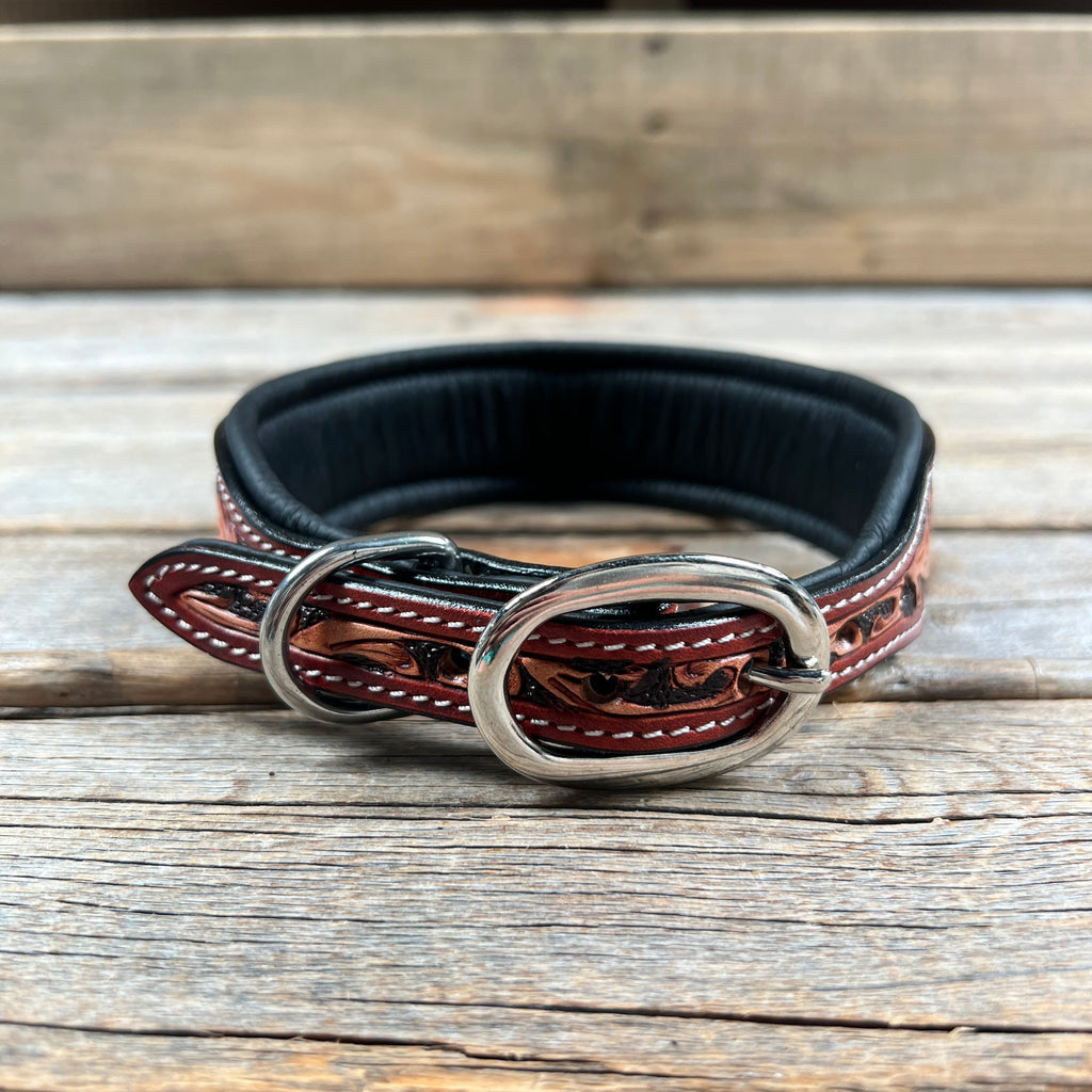 Tooled Blue and White Genuine Leather Beaded Dog Collar #DC440 — view 2