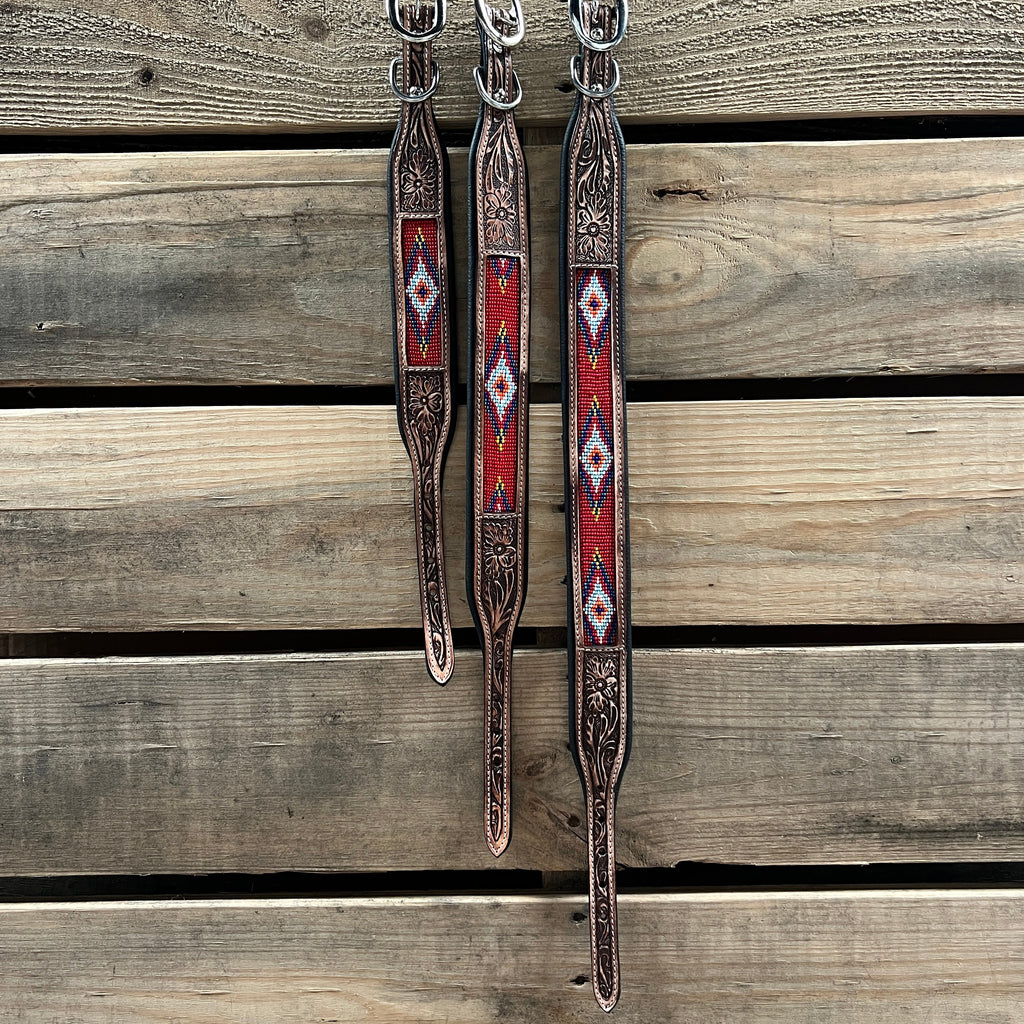 Tooled Red Genuine Leather Beaded Dog Collar #DC439 — view 3