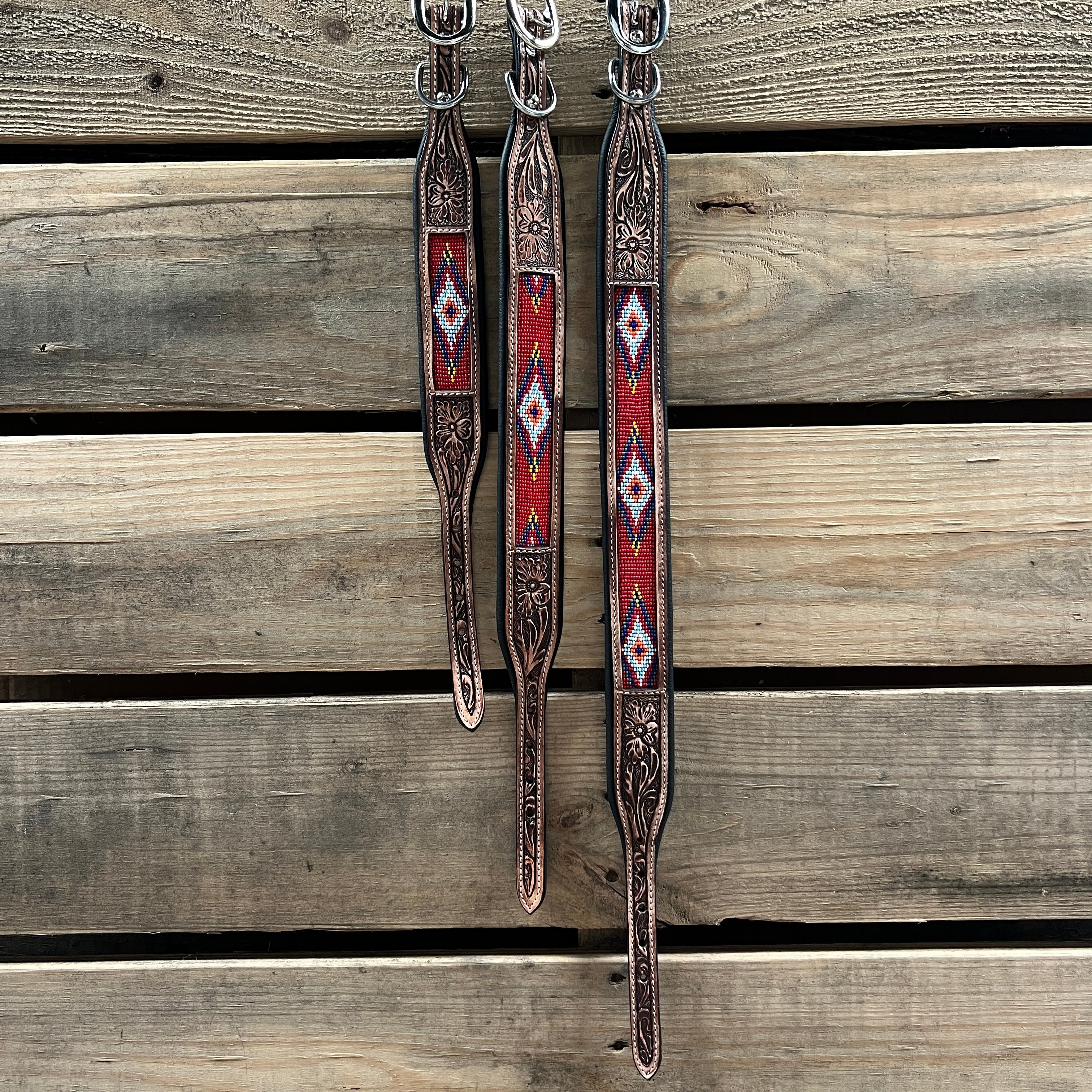 Tooled Red Genuine Leather Beaded Dog Collar #DC439 — view 3