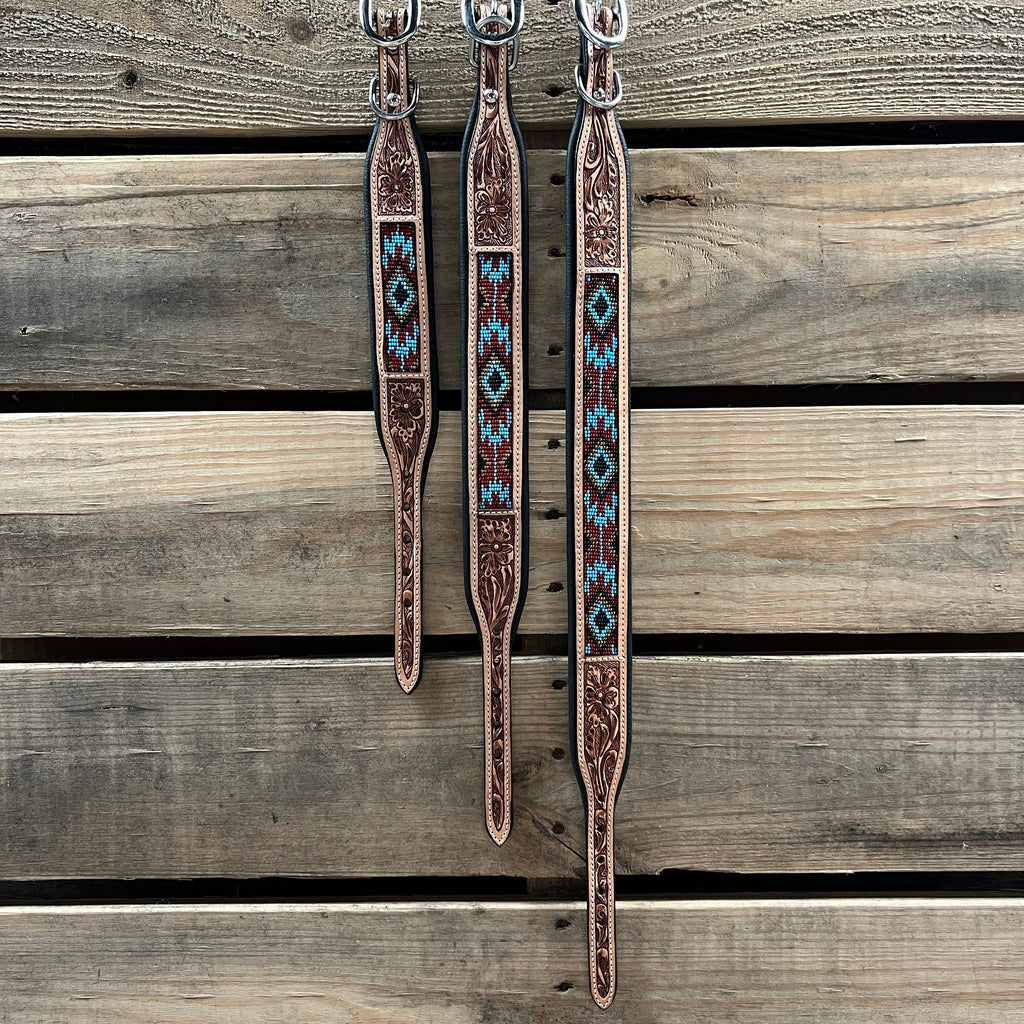Tooled Brown and Blue Genuine Leather Beaded Dog Collar #DC438 — view 3