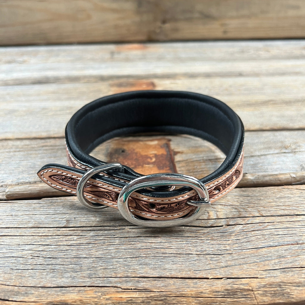 Tooled Brown and Blue Genuine Leather Beaded Dog Collar #DC438 — view 2