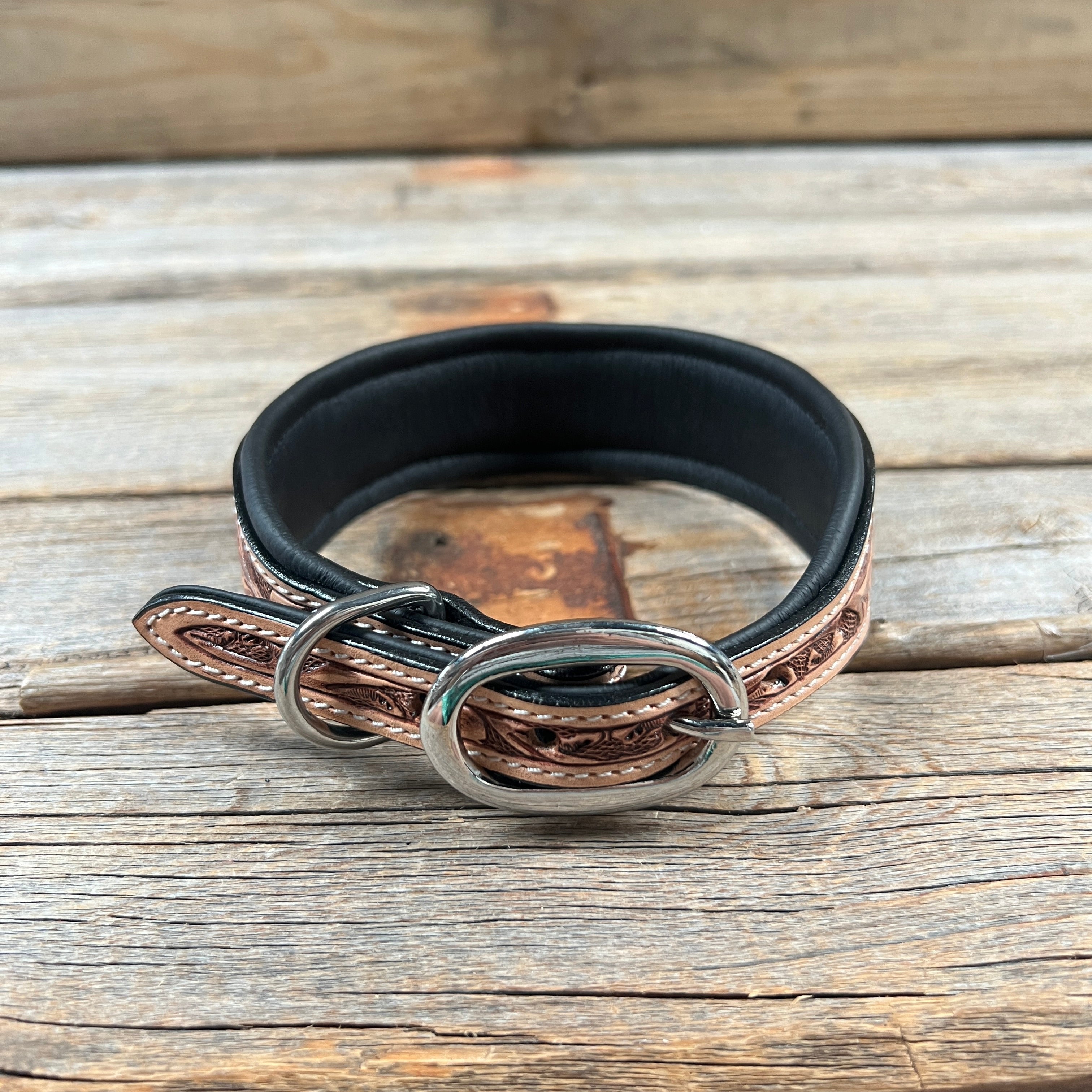 Tooled Brown and Blue Genuine Leather Beaded Dog Collar #DC438 — view 2