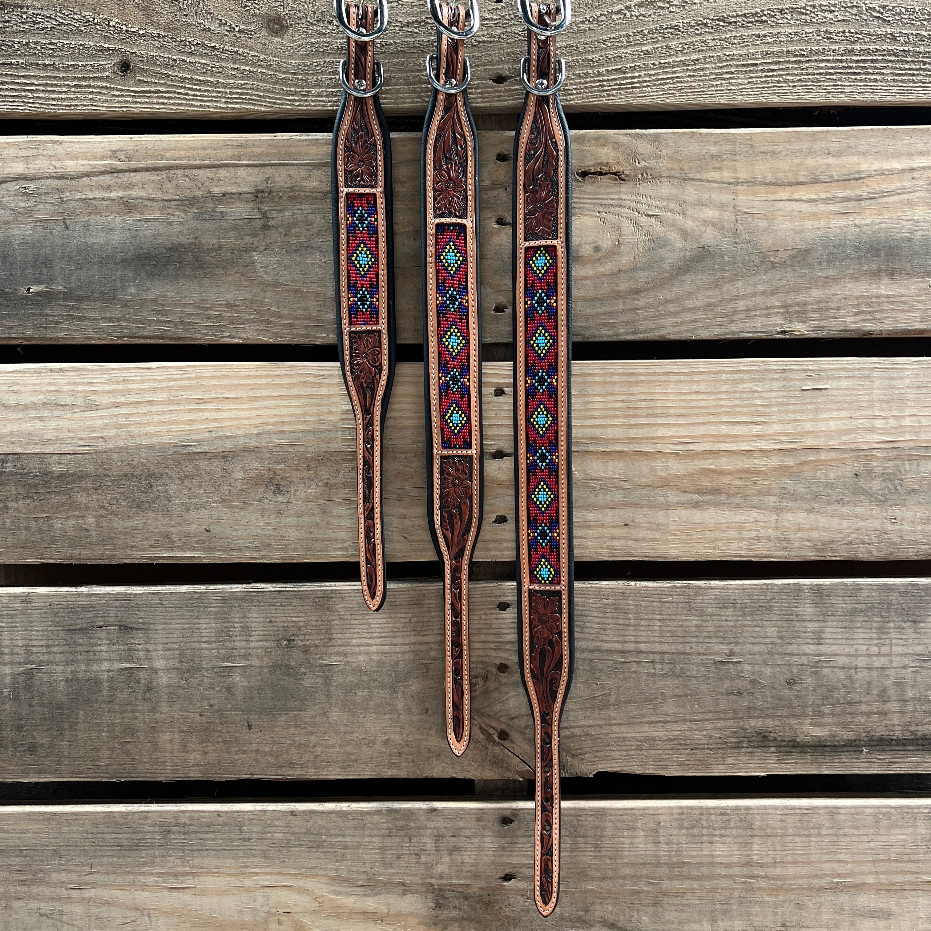 Tooled Red and Purple Genuine Leather Beaded Dog Collar #DC437 — view 3