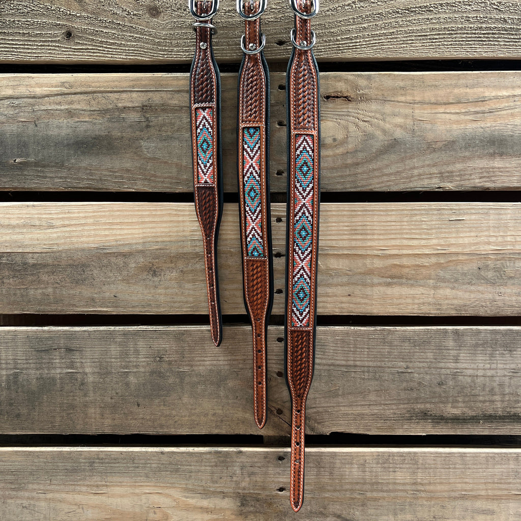 Tooled Peach and Turquoise Genuine Leather Beaded Dog Collar #DC443 — view 3