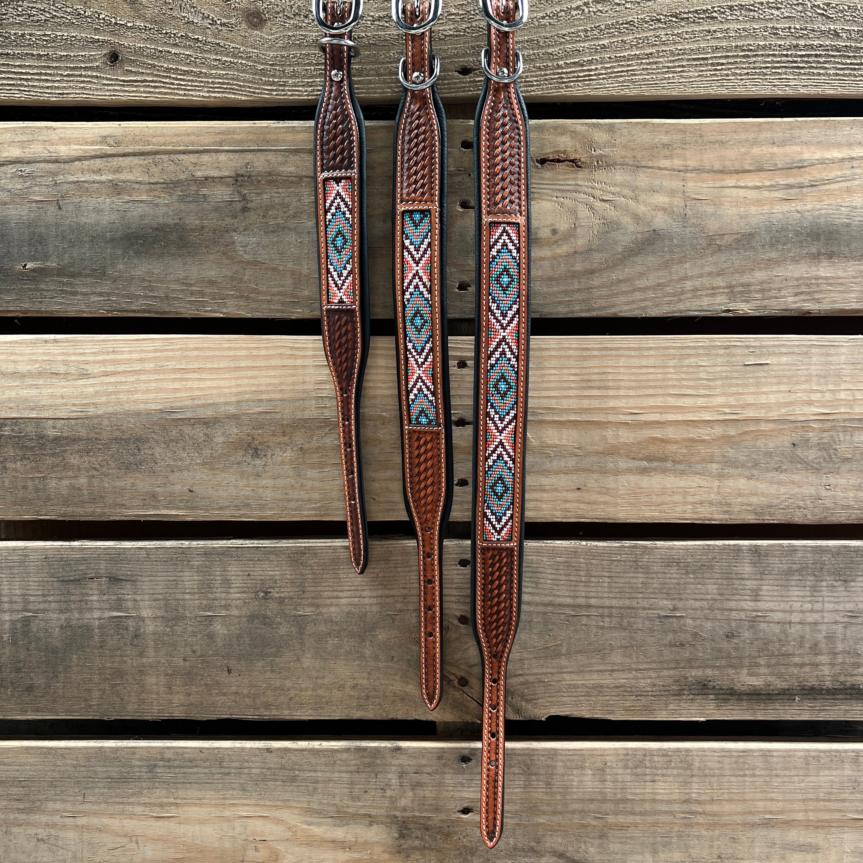 Tooled Peach and Turquoise Genuine Leather Beaded Dog Collar #DC443 — view 3
