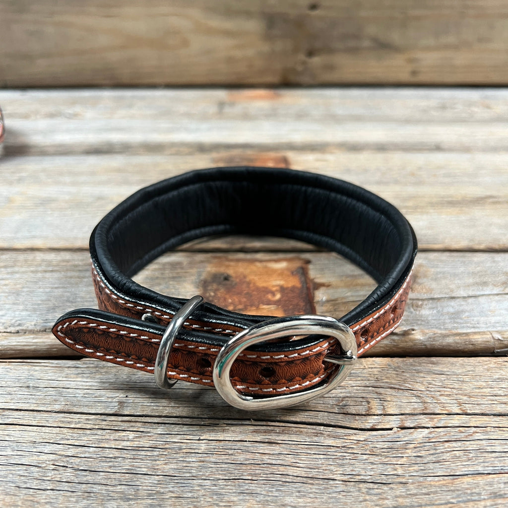 Tooled Peach and Turquoise Genuine Leather Beaded Dog Collar #DC443 — view 2