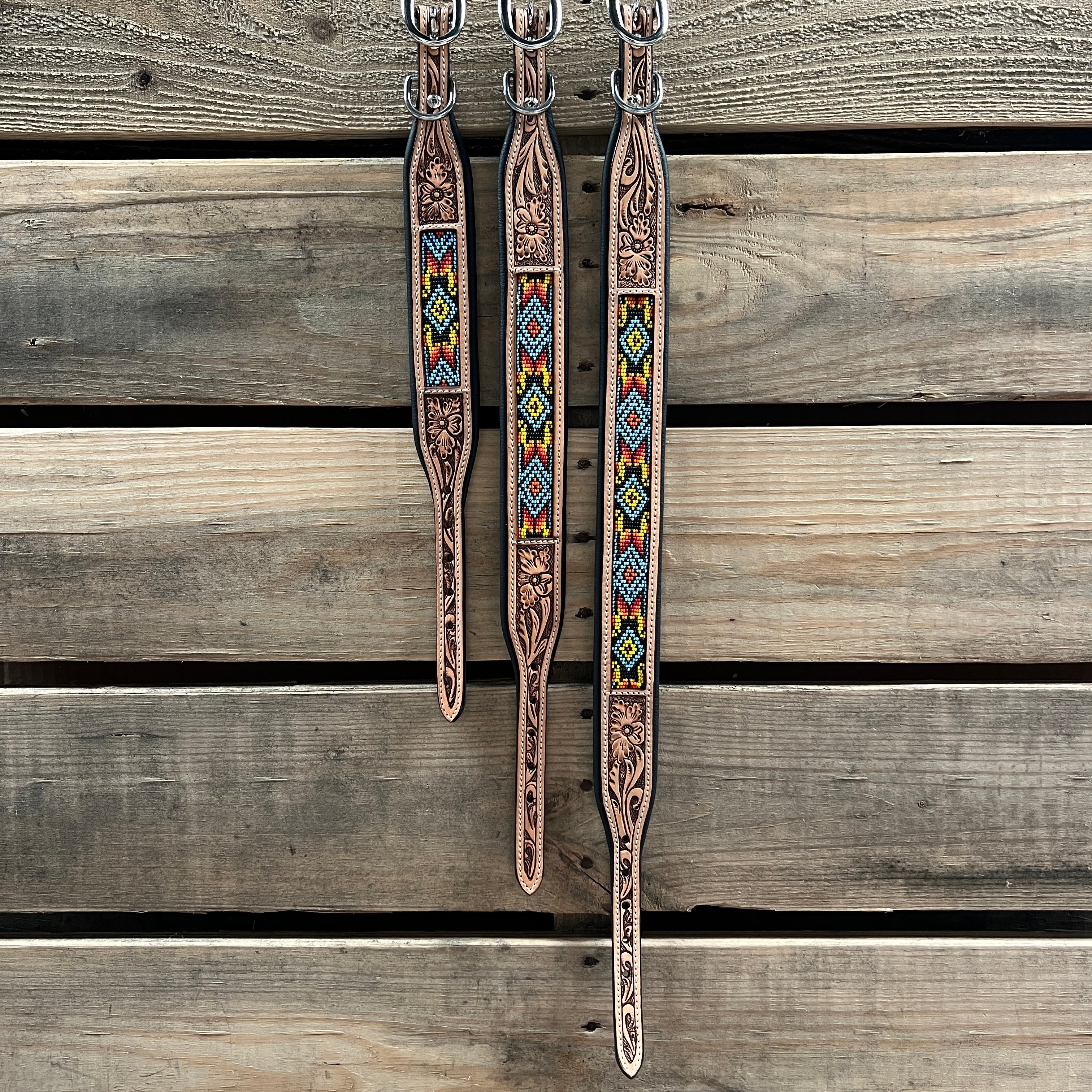 Tooled Yellow Genuine Leather Beaded Dog Collar #DC436 — view 3