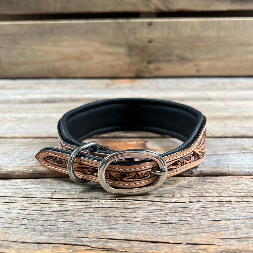 Tooled Yellow Genuine Leather Beaded Dog Collar #DC436 — view 2