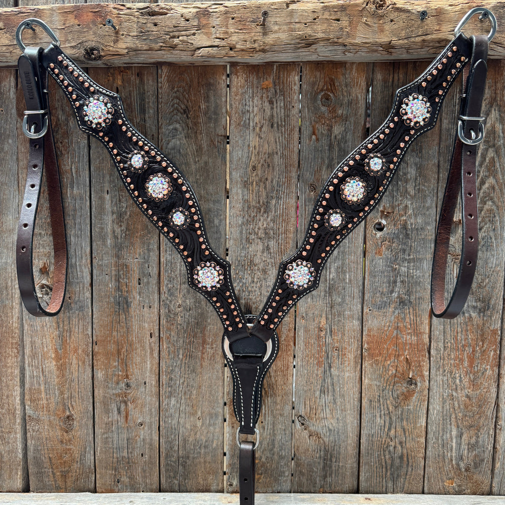 Dark Oil Floral Copper Dot AB One Ear / Breastcollar Tack Set #OEBC428 — view 6