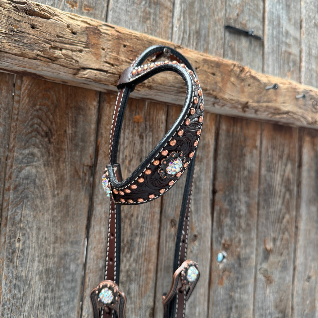 Dark Oil Floral Copper Dot AB One Ear / Breastcollar Tack Set #OEBC428 — view 3