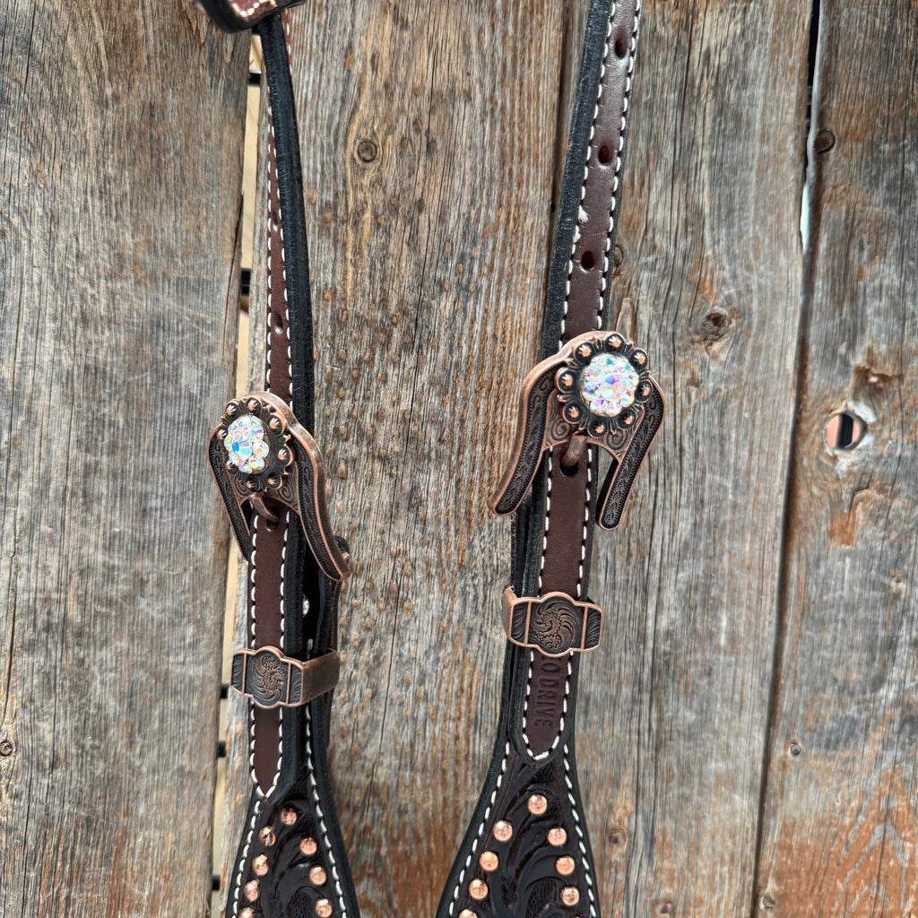 Dark Oil Floral Copper Dot AB One Ear / Breastcollar Tack Set #OEBC428 — view 4