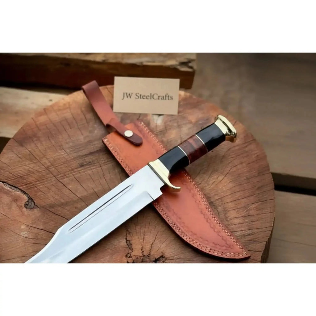 Handmade Dundee Bowie Knife -Carbon Steel Blade with resin and leather stacked Handle & Leather Sheath