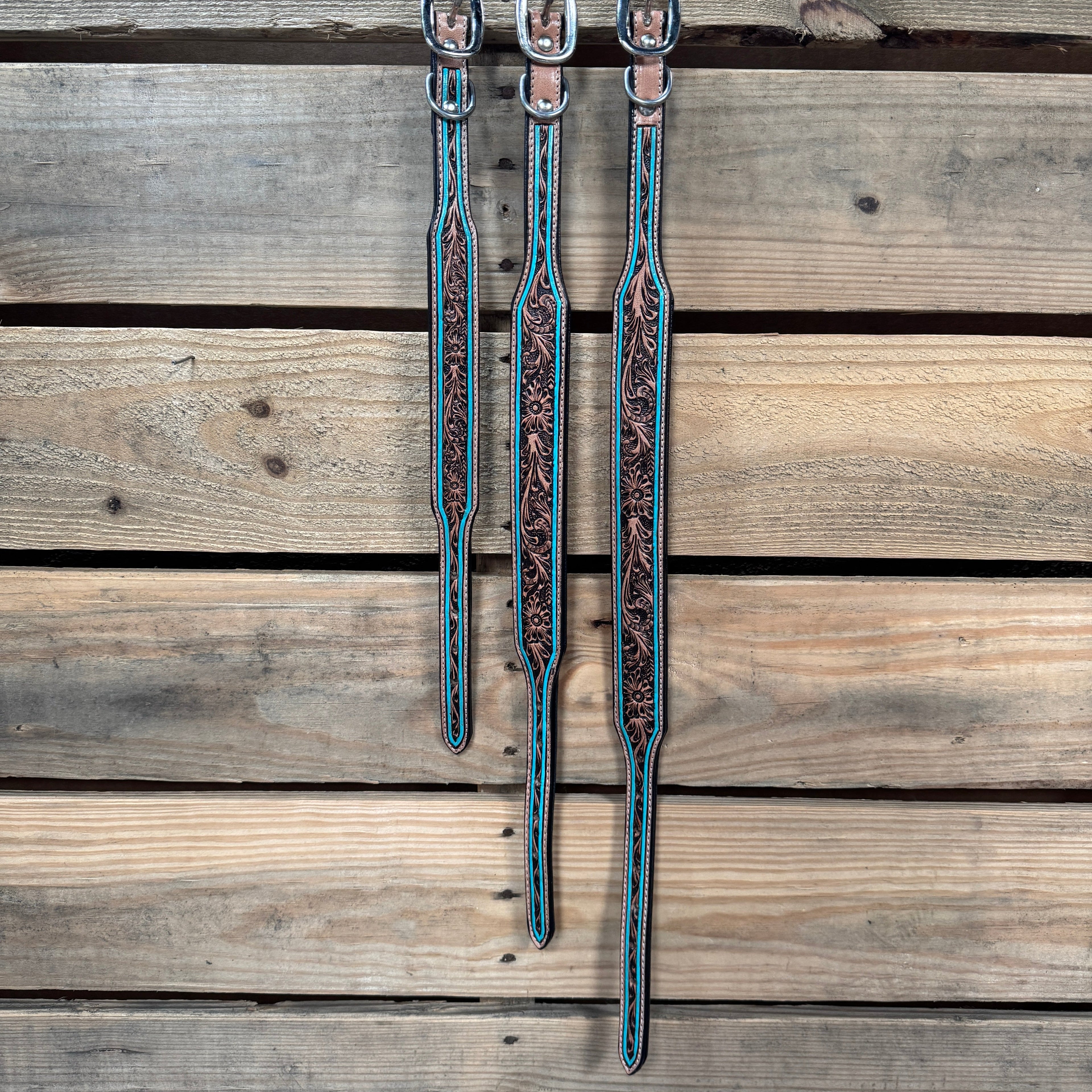 Turquoise Floral Genuine Leather Padded Dog Collar #FKDC1 — view 3