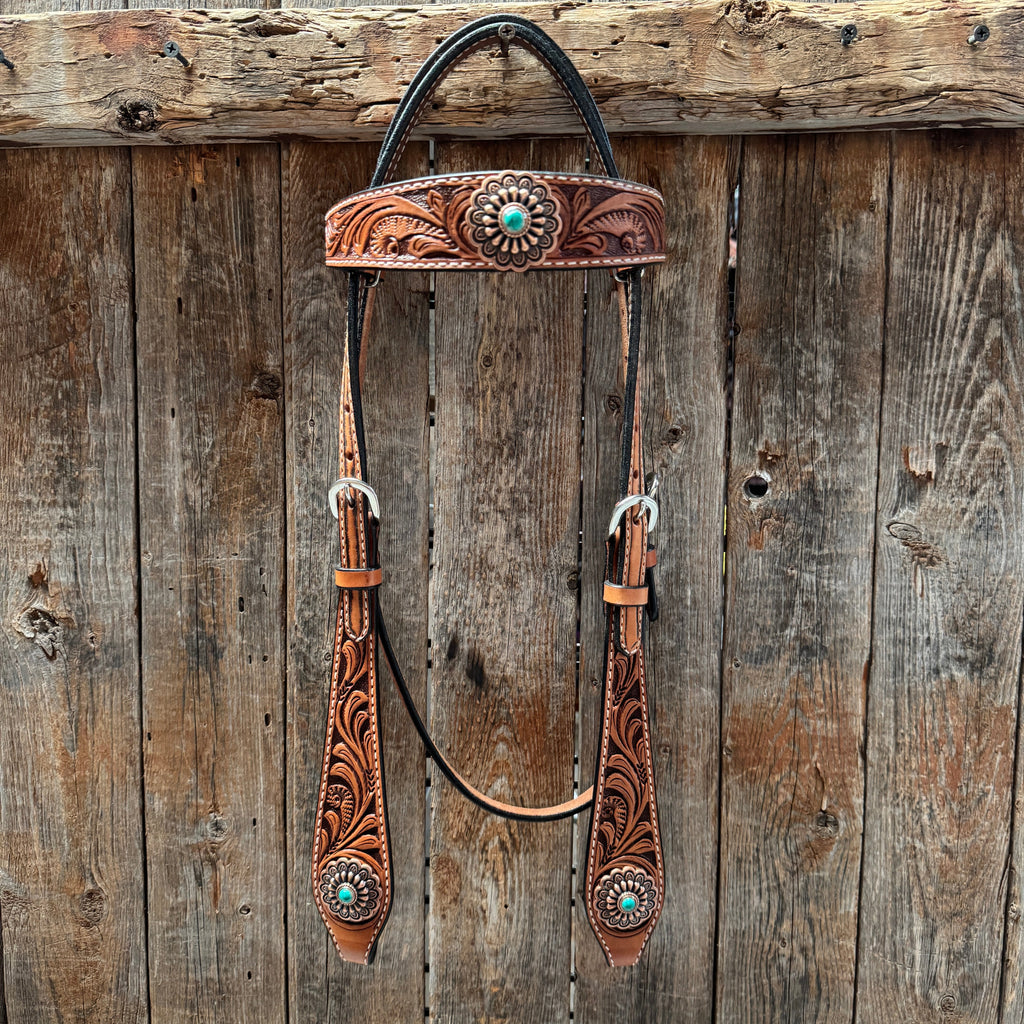 Light Oil Buckaroo Roper Flower Turquoise Browband/One Ear & Breastcollar Tack Set #OEBC459 — view 4