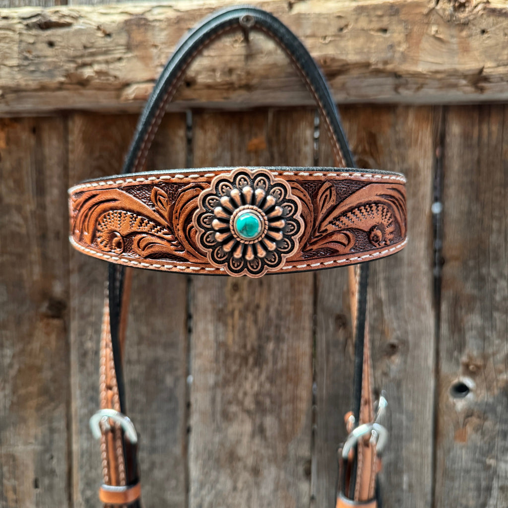 Light Oil Buckaroo Roper Flower Turquoise Browband/One Ear & Breastcollar Tack Set #OEBC459 — view 5
