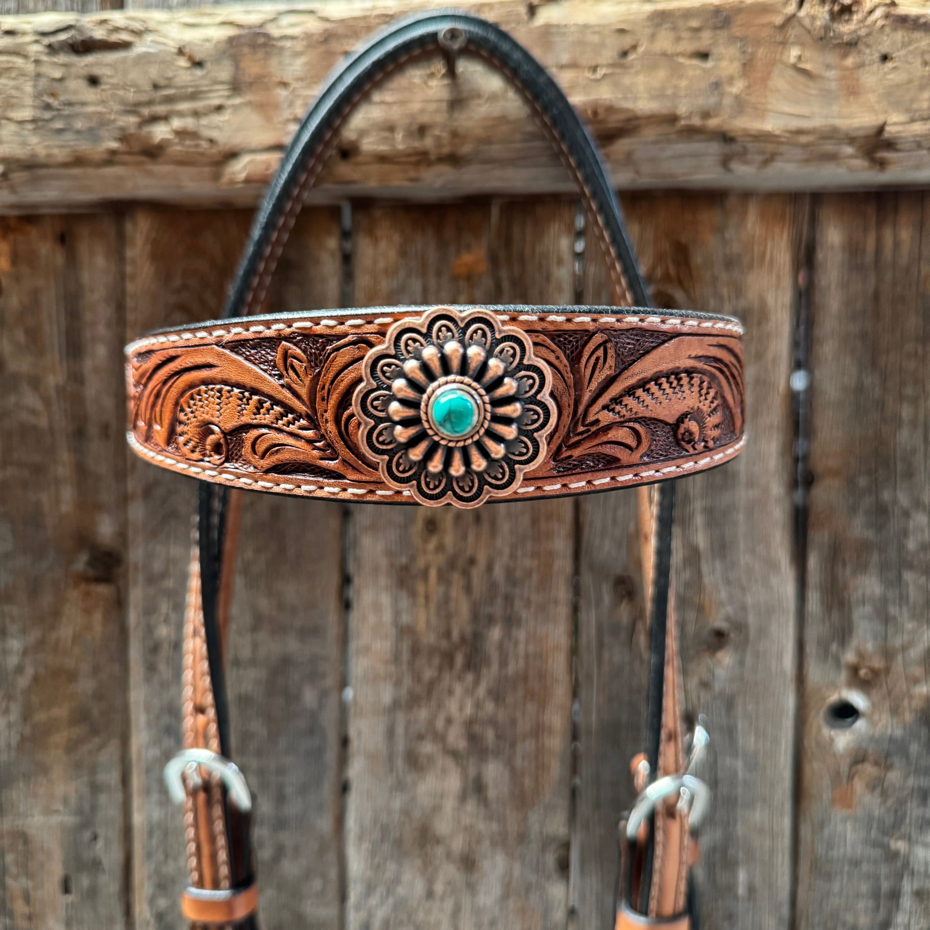 Light Oil Buckaroo Roper Flower Turquoise Browband/One Ear & Breastcollar Tack Set #OEBC459 — view 5