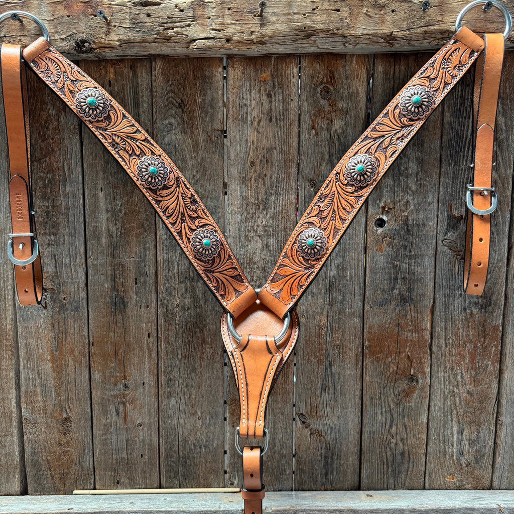 Light Oil Buckaroo Roper Flower Turquoise Browband/One Ear & Breastcollar Tack Set #OEBC459 — view 7