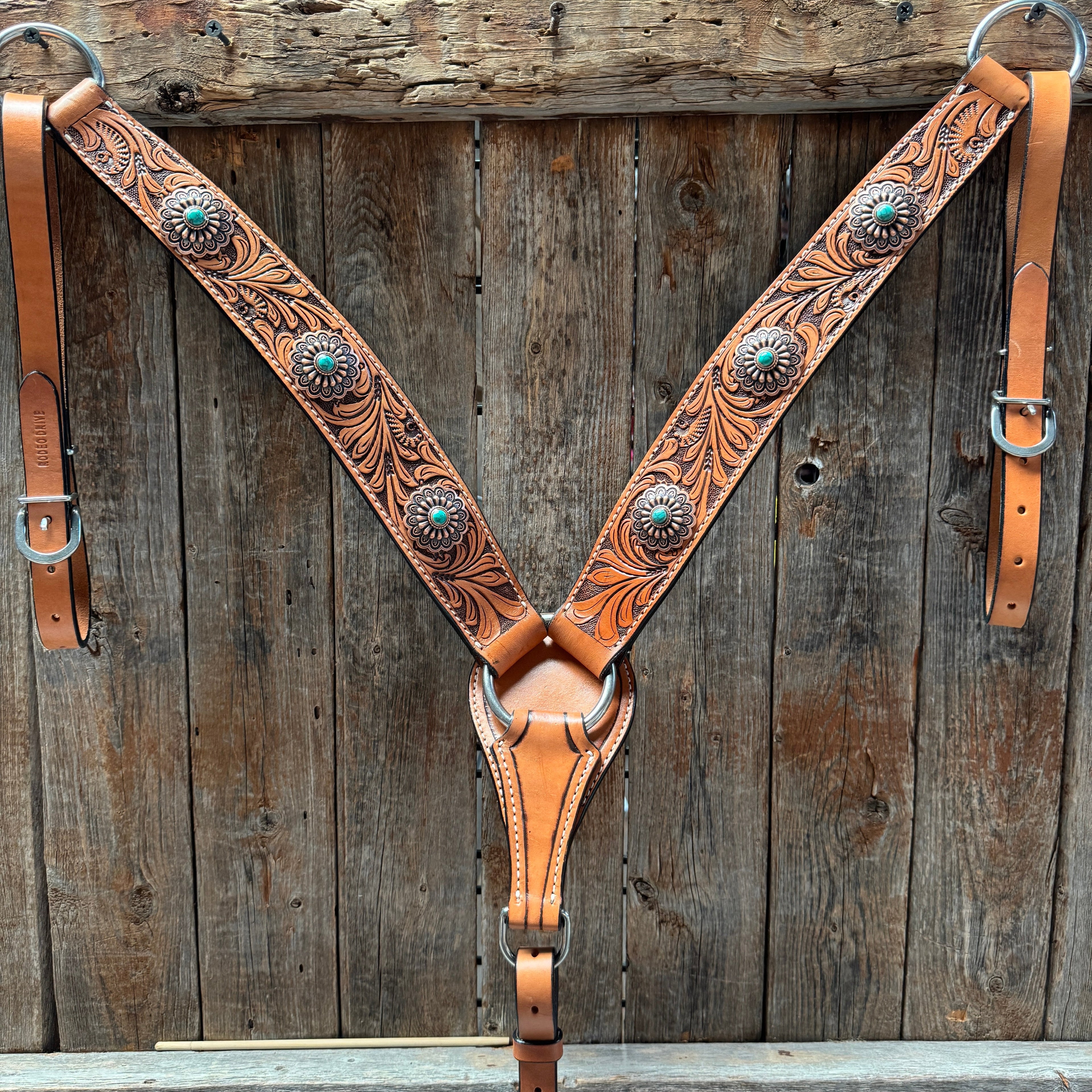 Light Oil Buckaroo Roper Flower Turquoise Browband/One Ear & Breastcollar Tack Set #OEBC459 — view 7