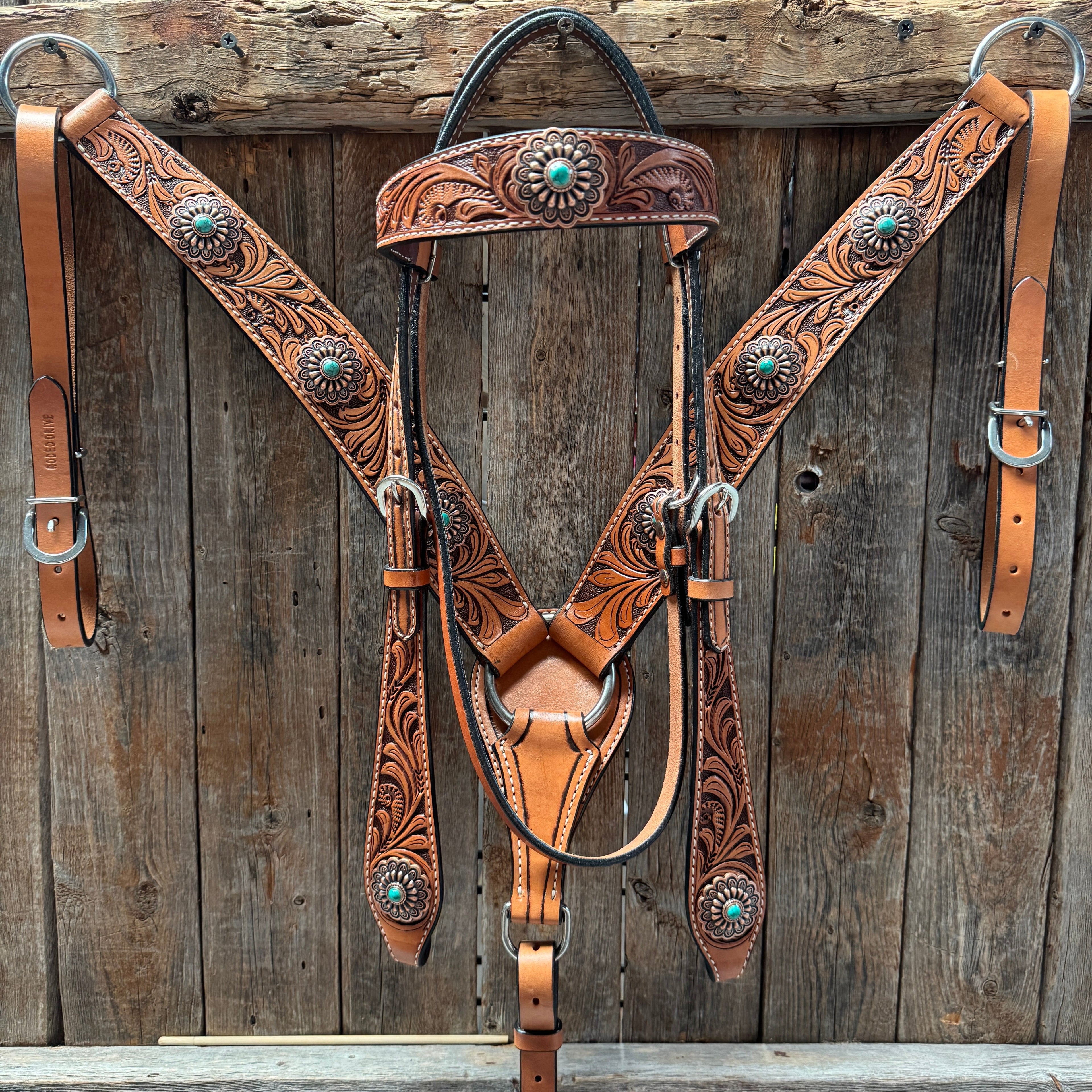 Light Oil Buckaroo Roper Flower Turquoise Browband/One Ear & Breastcollar Tack Set #OEBC459 — view 2