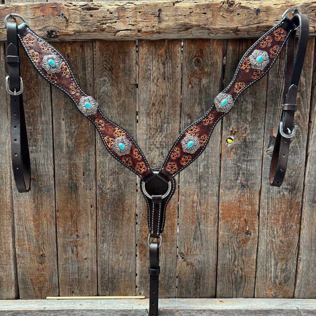 Flower Power Antique Silver and Turquoise One Ear Headstall & Breastcollar Tack Set #OEBC429 — view 5