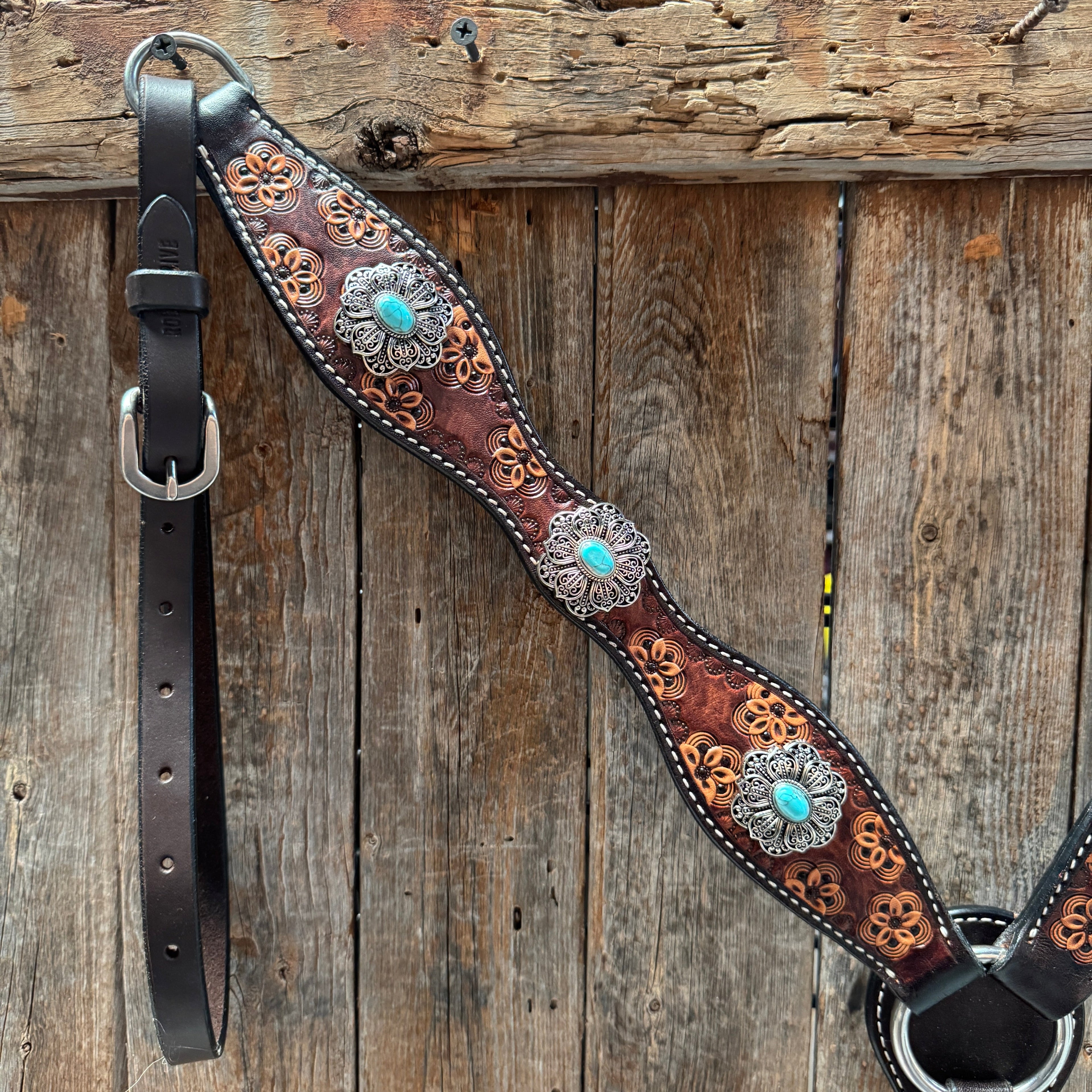Flower Power Antique Silver and Turquoise One Ear Headstall & Breastcollar Tack Set #OEBC429 — view 6