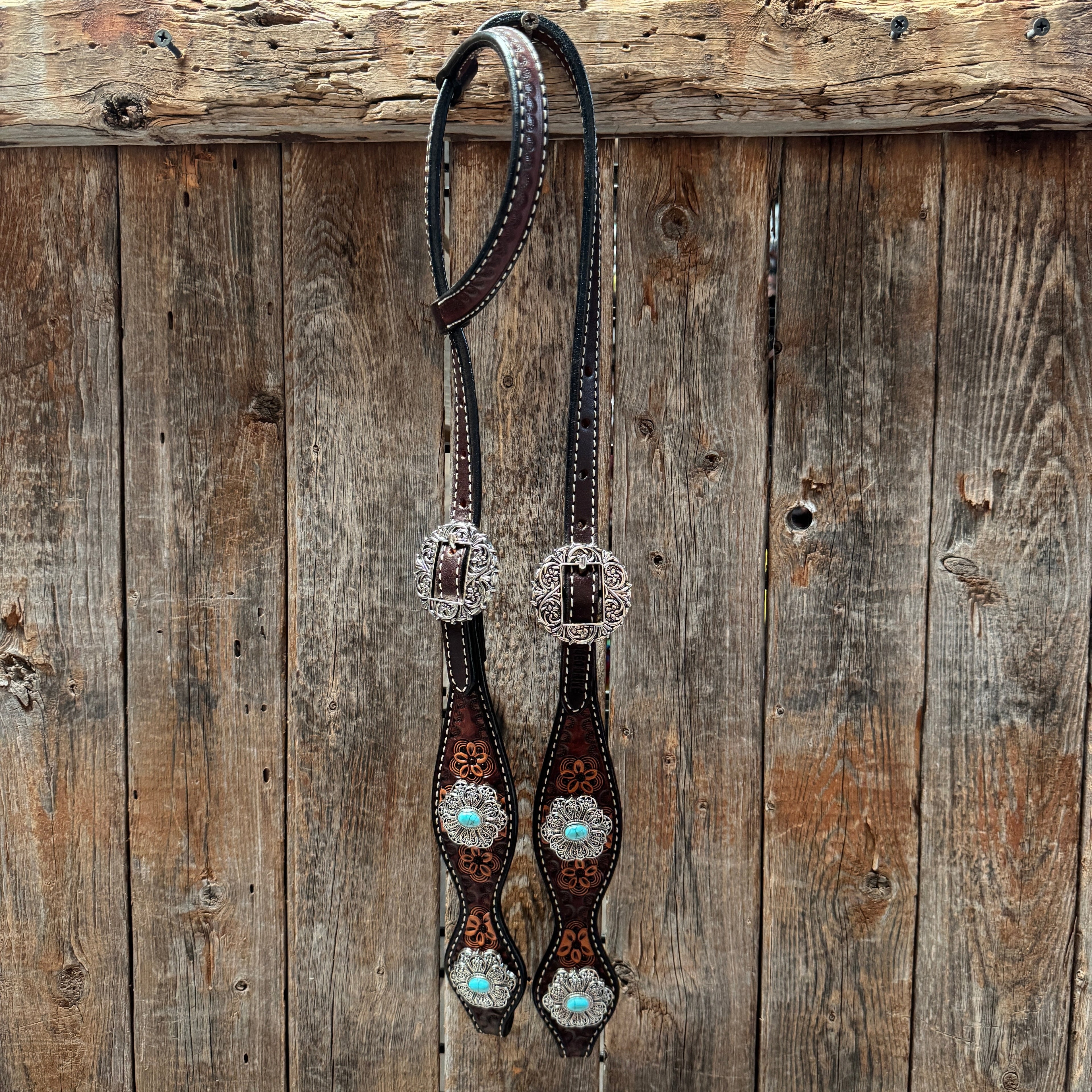 Flower Power Antique Silver and Turquoise One Ear Headstall & Breastcollar Tack Set #OEBC429 — view 2