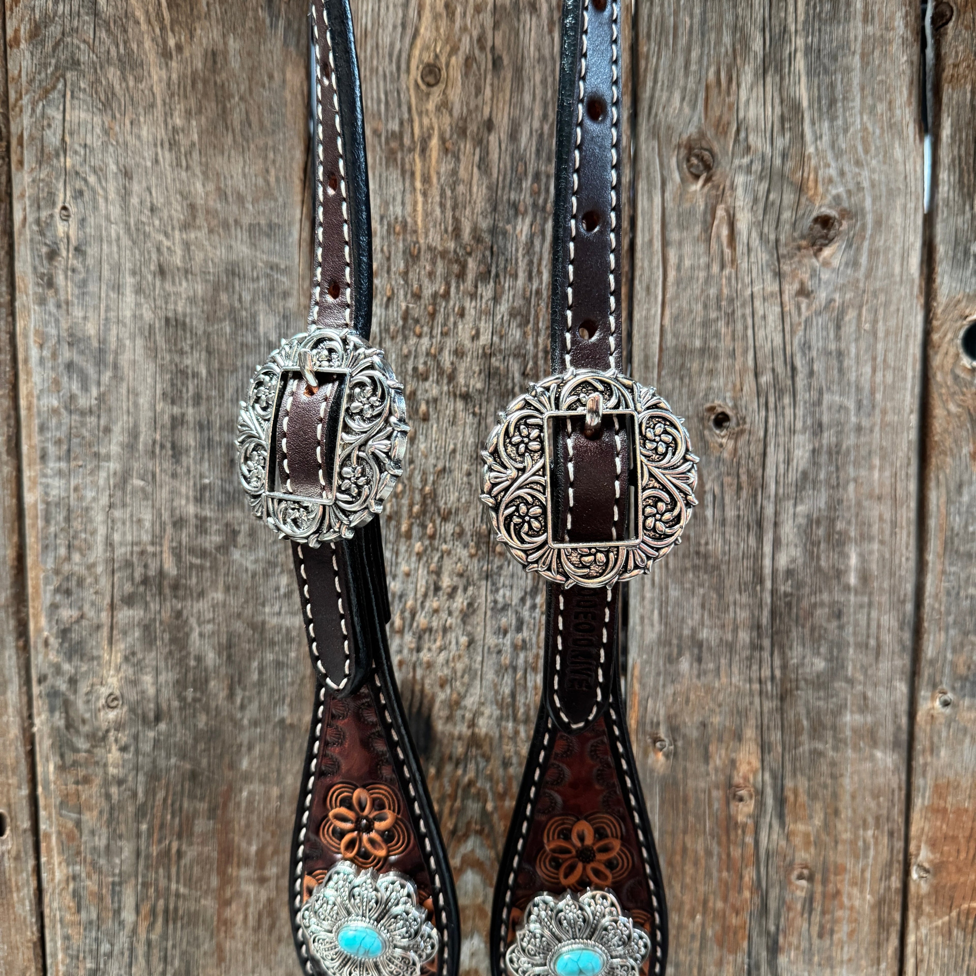 Flower Power Antique Silver and Turquoise One Ear Headstall & Breastcollar Tack Set #OEBC429 — view 3