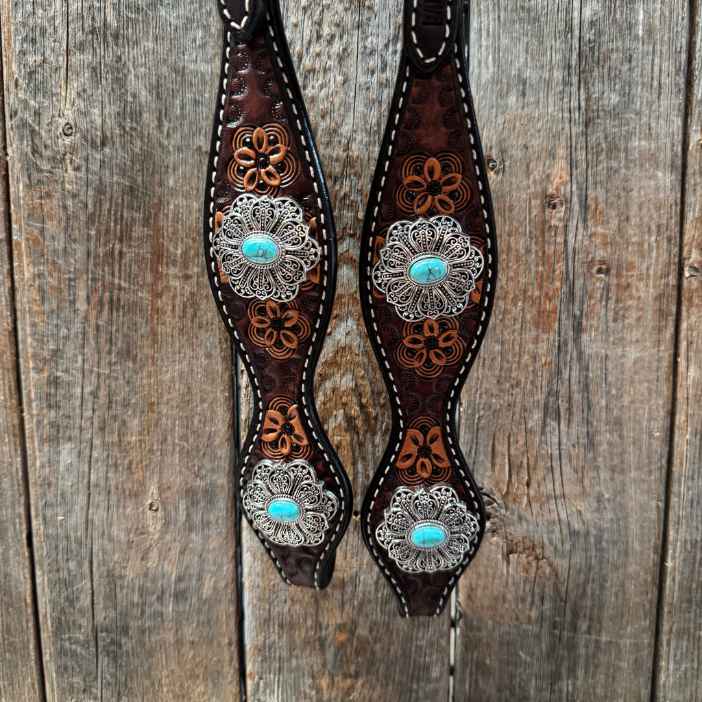 Flower Power Antique Silver and Turquoise One Ear Headstall & Breastcollar Tack Set #OEBC429 — view 4