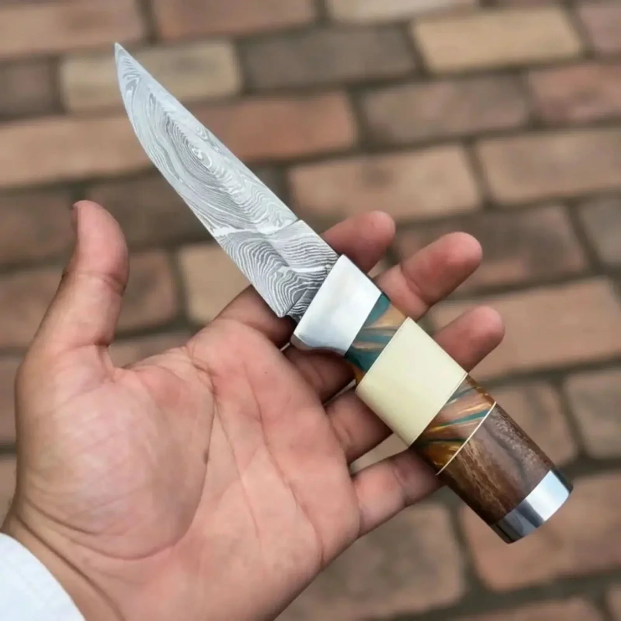 Hunting Knife 4.5” Damascus Steel Straight Back Blade Hybrid Wood Resin Handle Viking-Inspired