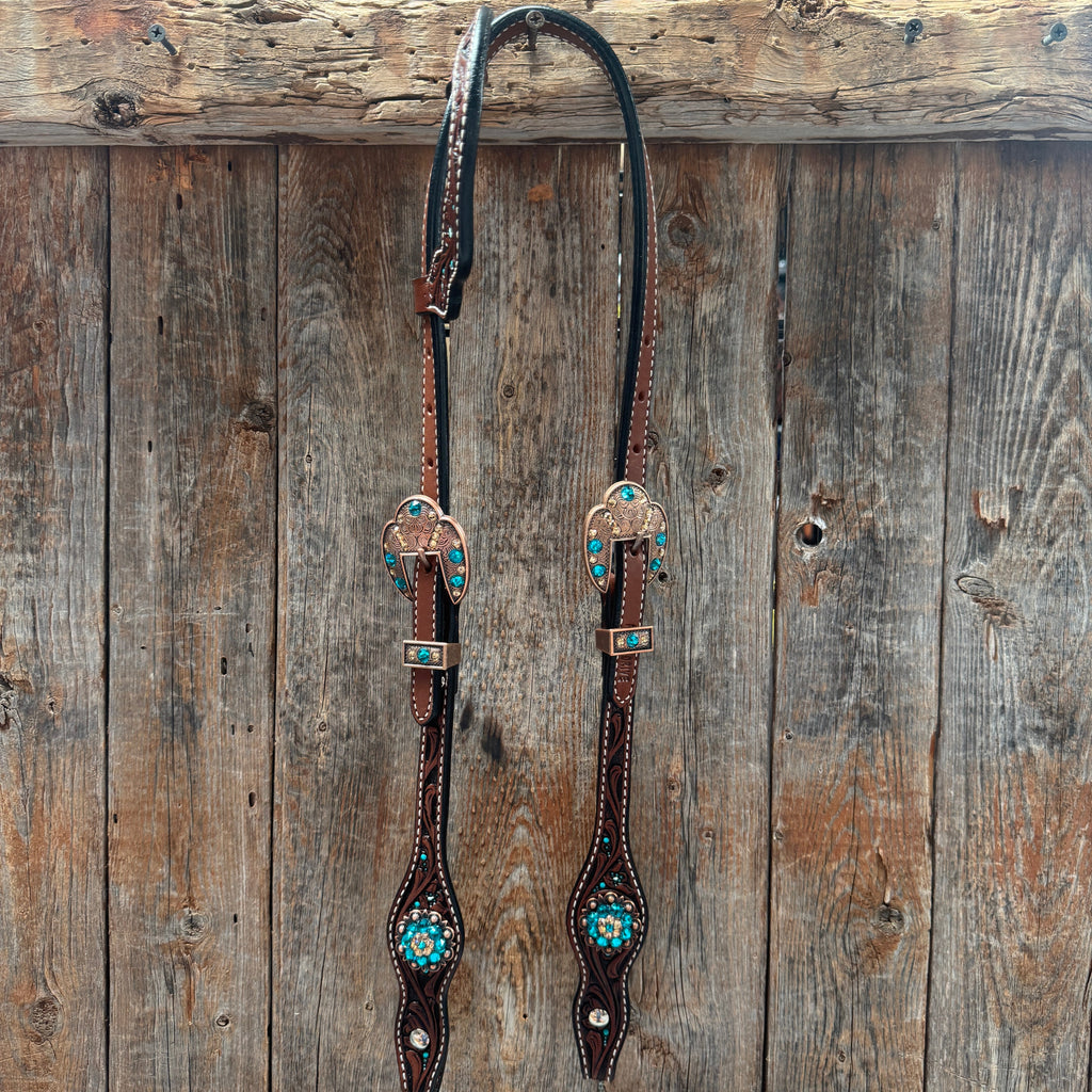 Medium Floral Teal Dot Teal and Champagne One Ear Headstall - Breastcollar Tack Set #OEBC435 — view 2