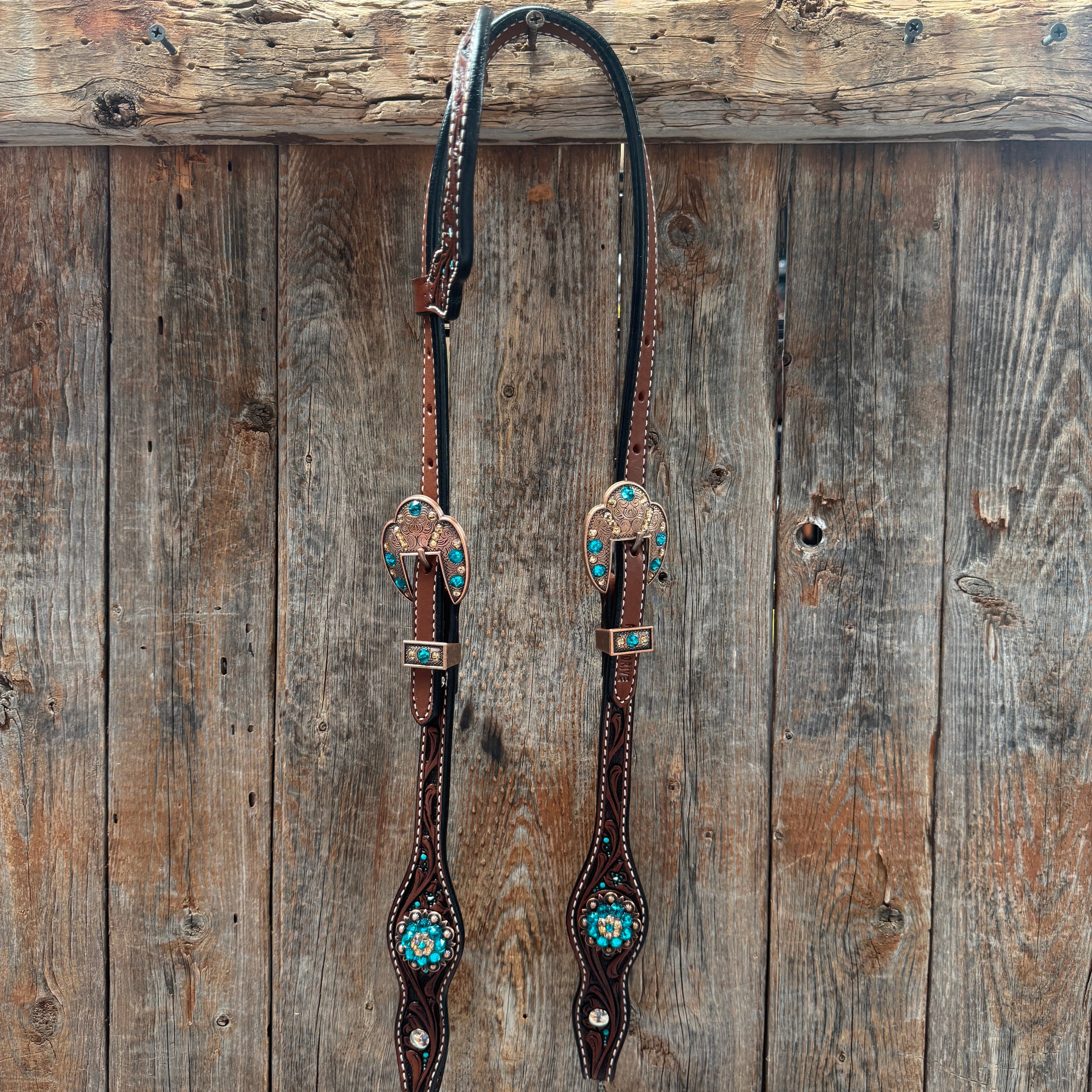 Medium Floral Teal Dot Teal and Champagne One Ear Headstall - Breastcollar Tack Set #OEBC435 — view 2