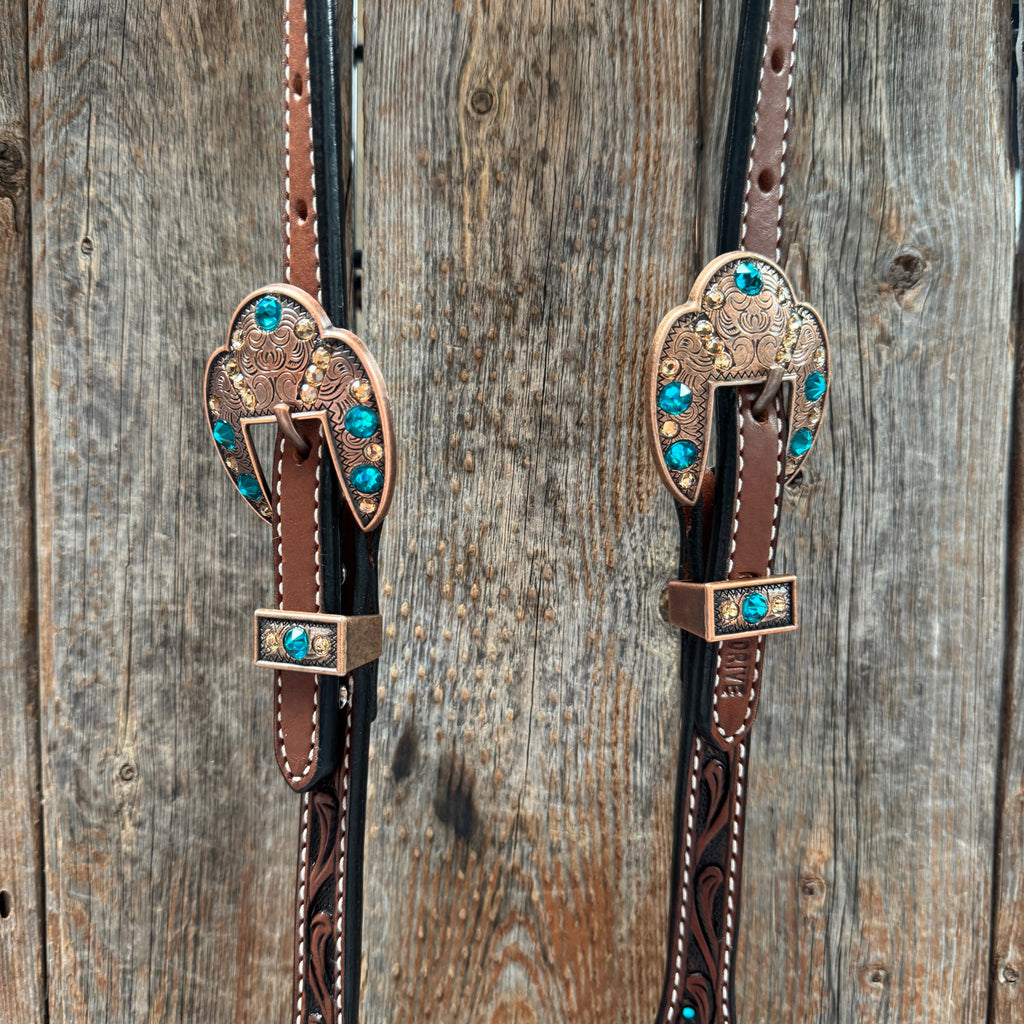 Medium Floral Teal Dot Teal and Champagne One Ear Headstall - Breastcollar Tack Set #OEBC435 — view 4