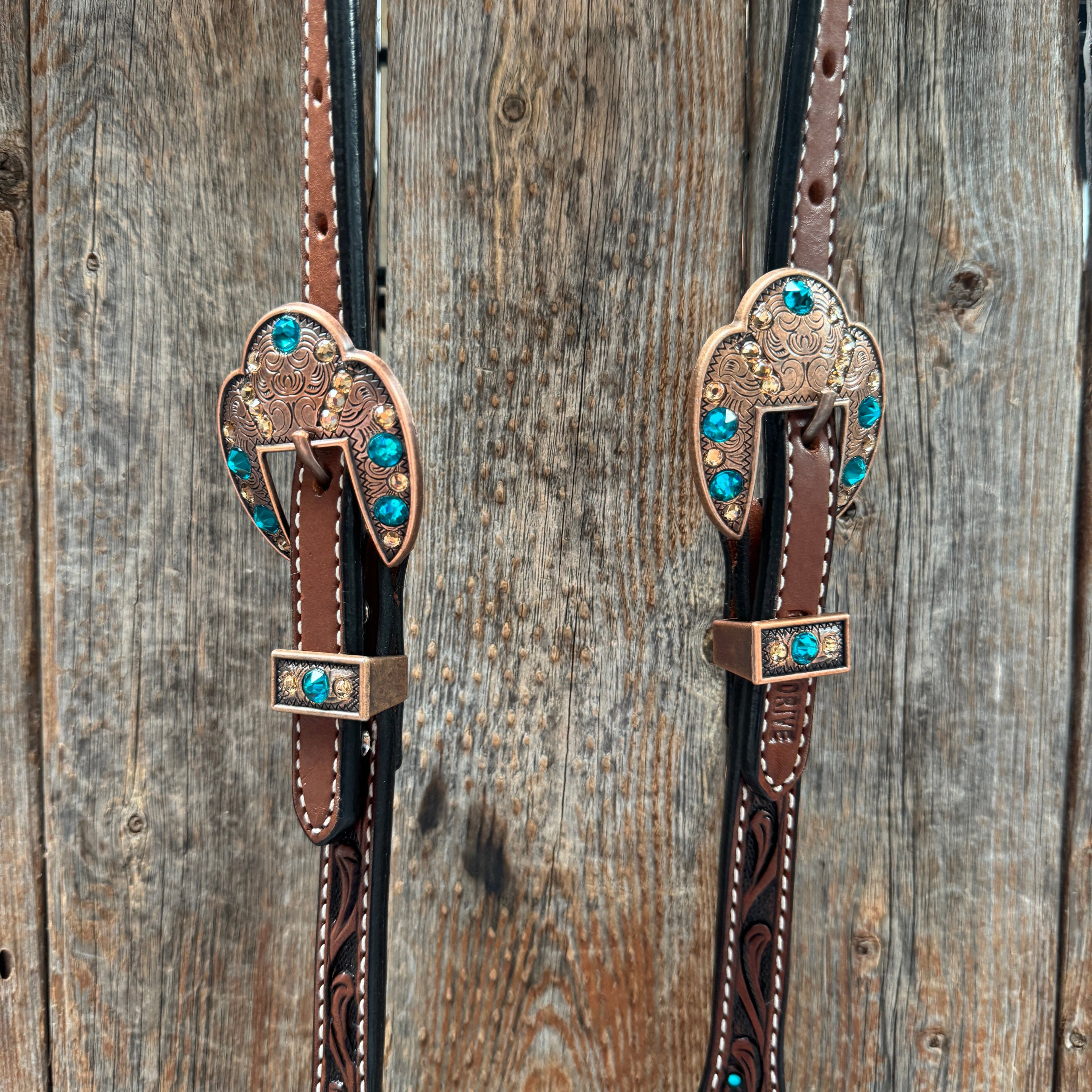 Medium Floral Teal Dot Teal and Champagne One Ear Headstall - Breastcollar Tack Set #OEBC435 — view 4