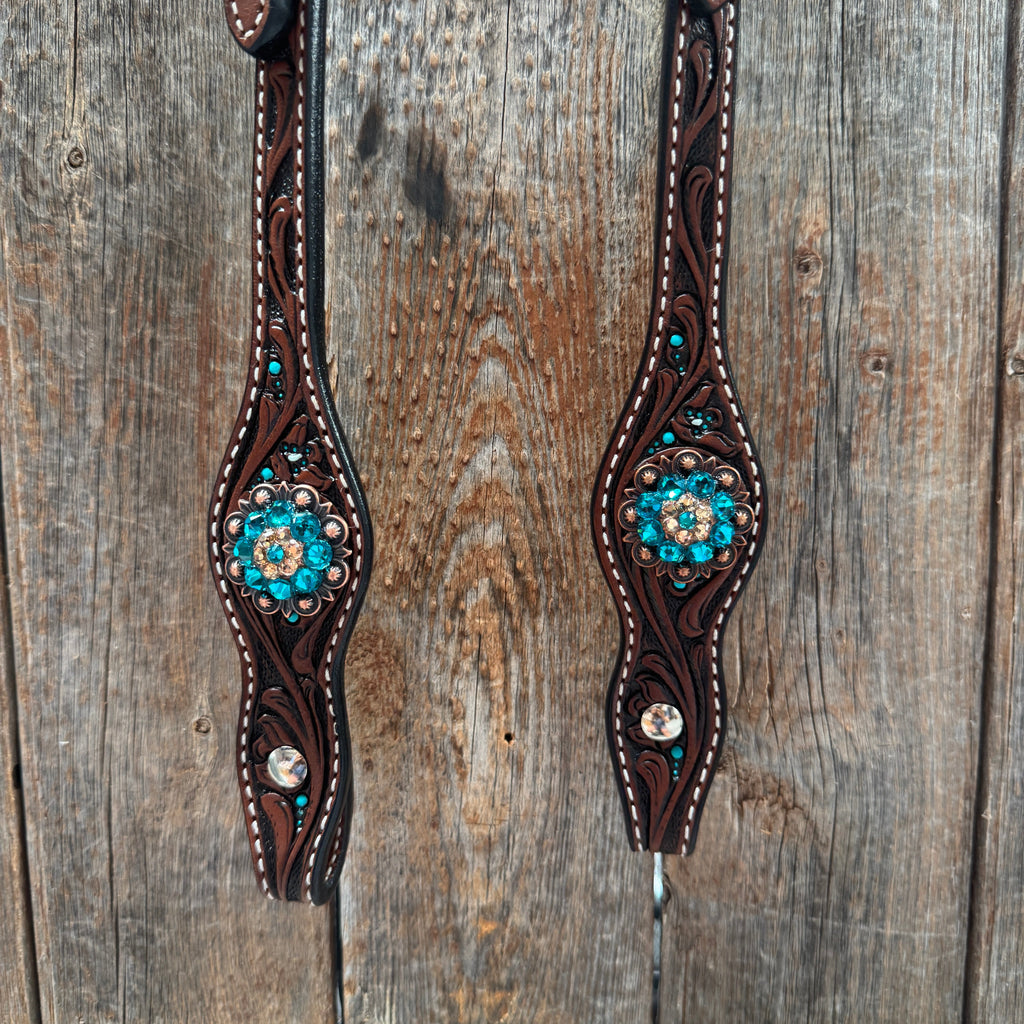 Medium Floral Teal Dot Teal and Champagne One Ear Headstall - Breastcollar Tack Set #OEBC435 — view 5