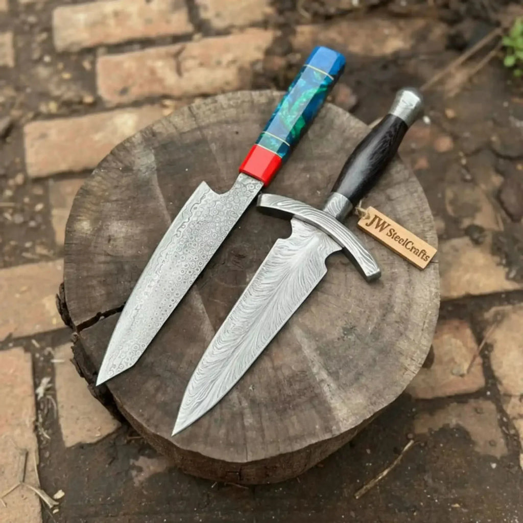 Damascus Kiritsuke & Dagger Knife Set Fixed Blade Resin and Wooden Handle Japanese European Style