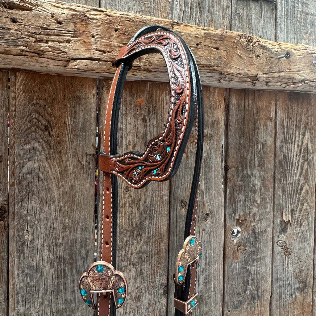 Medium Floral Teal Dot Teal and Champagne One Ear Headstall - Breastcollar Tack Set #OEBC435 — view 3