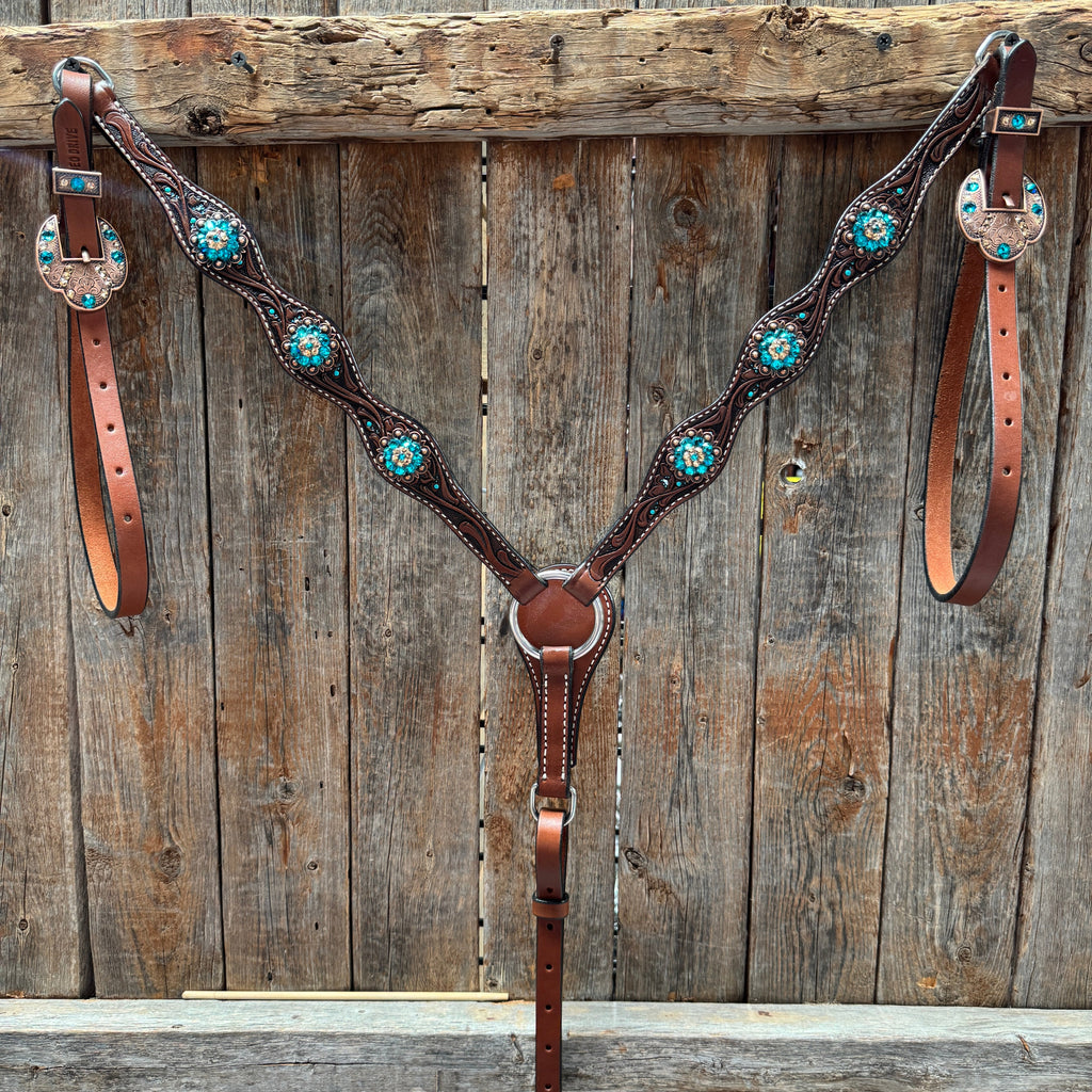 Medium Floral Teal Dot Teal and Champagne One Ear Headstall - Breastcollar Tack Set #OEBC435 — view 6
