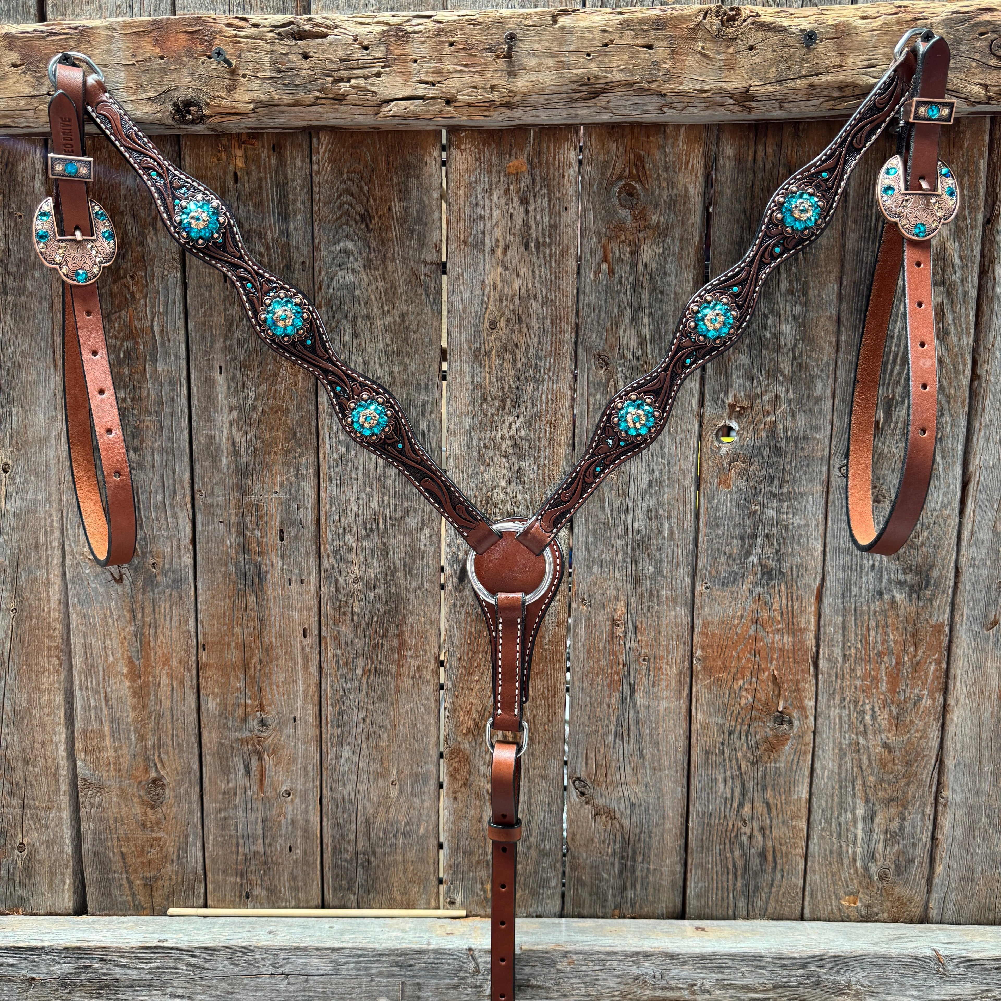Medium Floral Teal Dot Teal and Champagne One Ear Headstall - Breastcollar Tack Set #OEBC435 — view 6