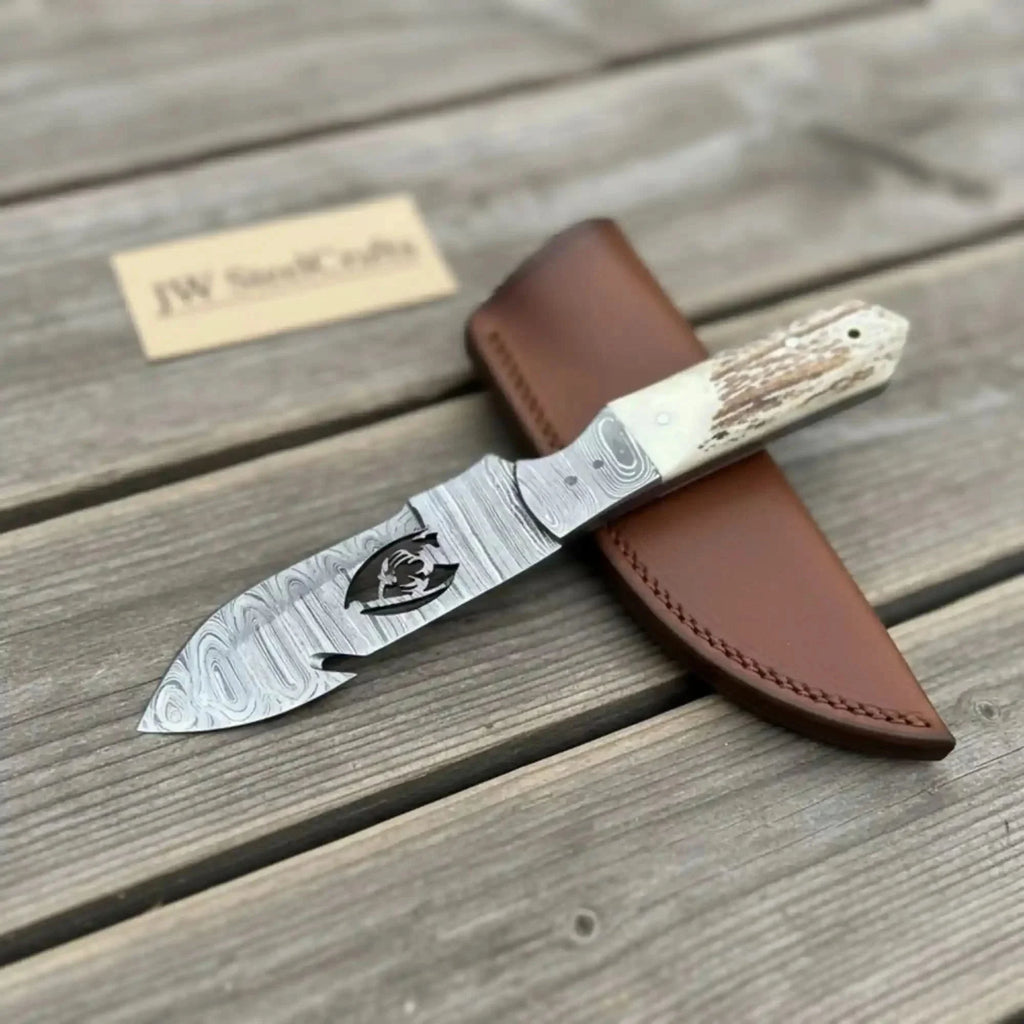 Damascus Gut Hook Hunting Knife Fixed Blade Synthetic Stag Handle with Leather Sheath
