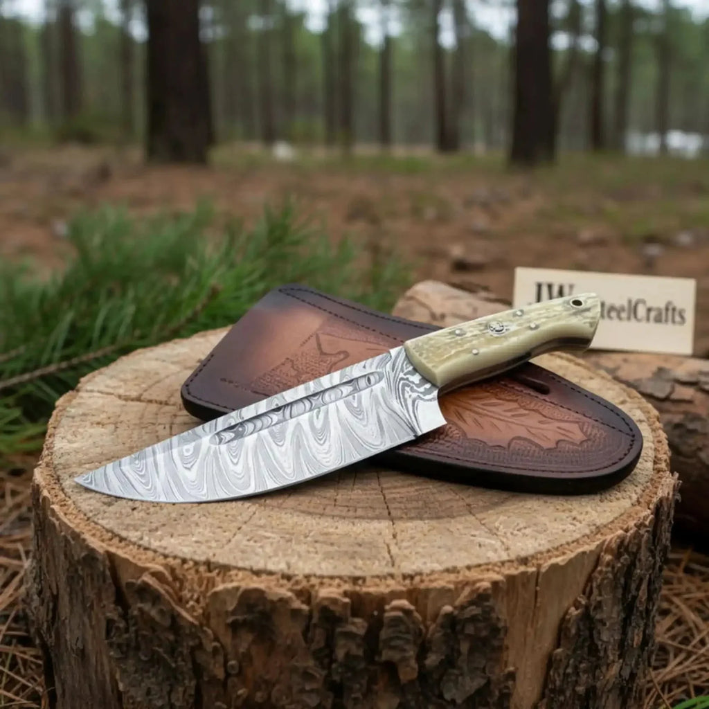 Handmade Damascus Skinner Knife Nessmuk Style Fixed Blade Synthetic Stag Handle