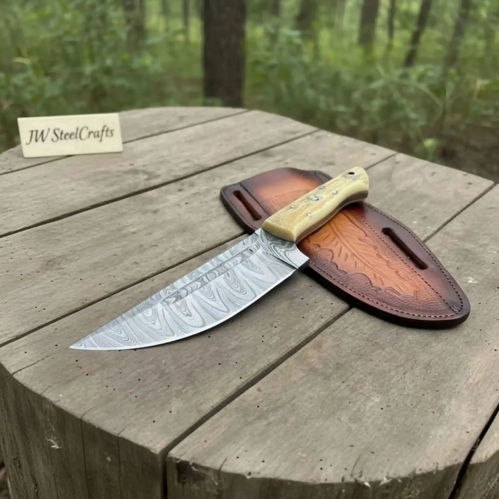 Handmade Damascus Skinner Knife Nessmuk Style Fixed Blade Synthetic Stag Handle
