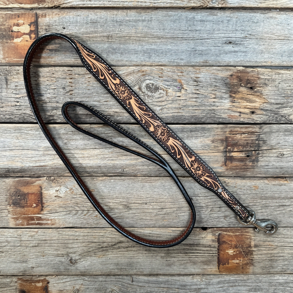 Floral Tooled Genuine Leather leash 4' x 1.25"wide