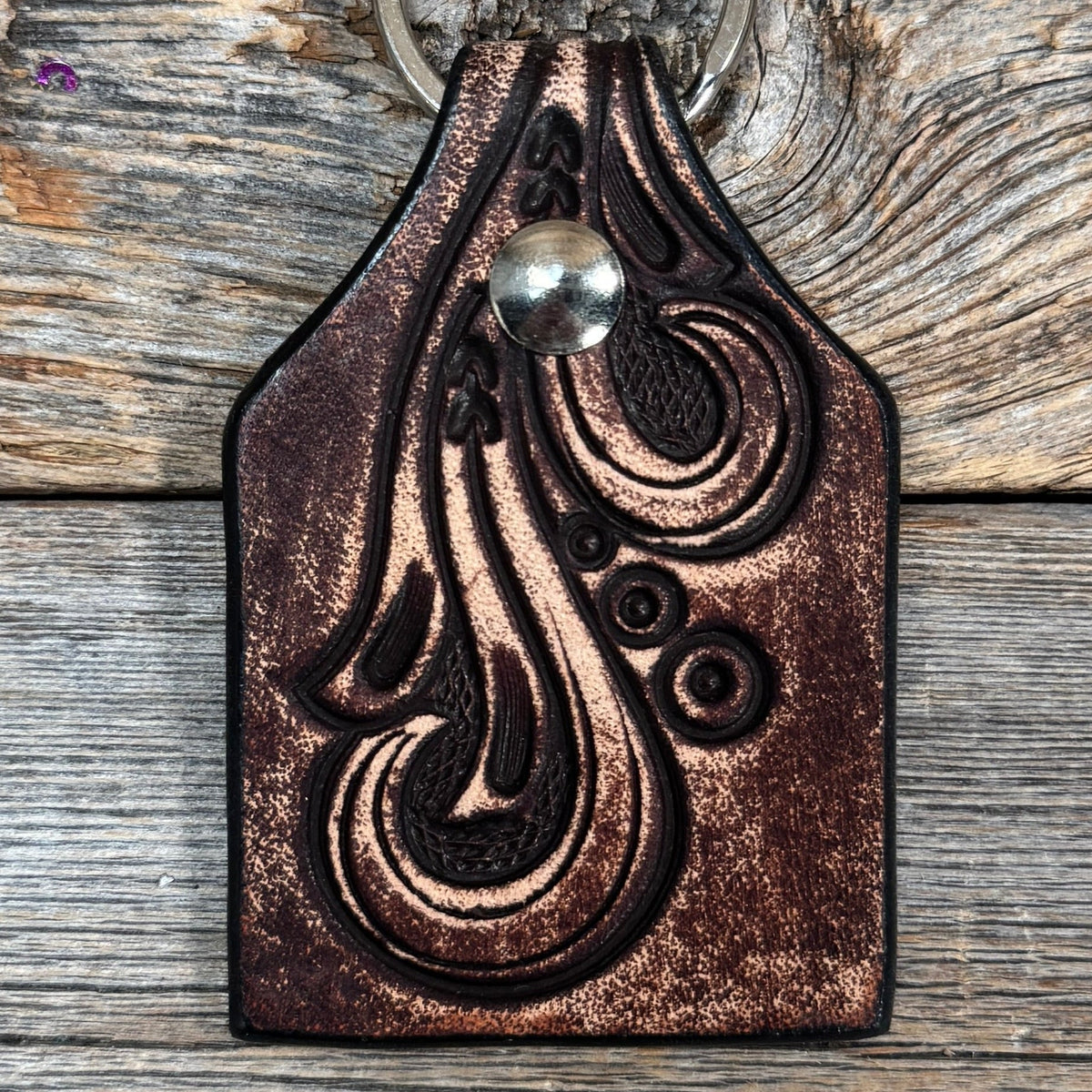 Floral Tooled Cow Tag Leather Key Chain