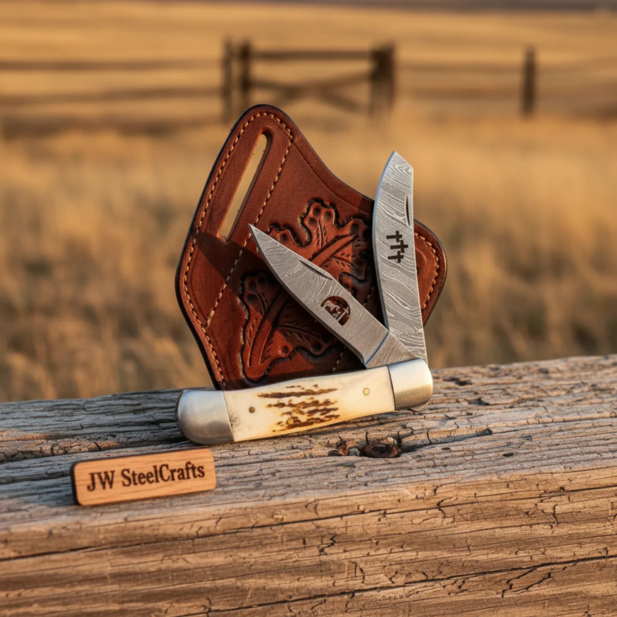 Praying Cowboy Trapper Knife with Stag Horn Handle