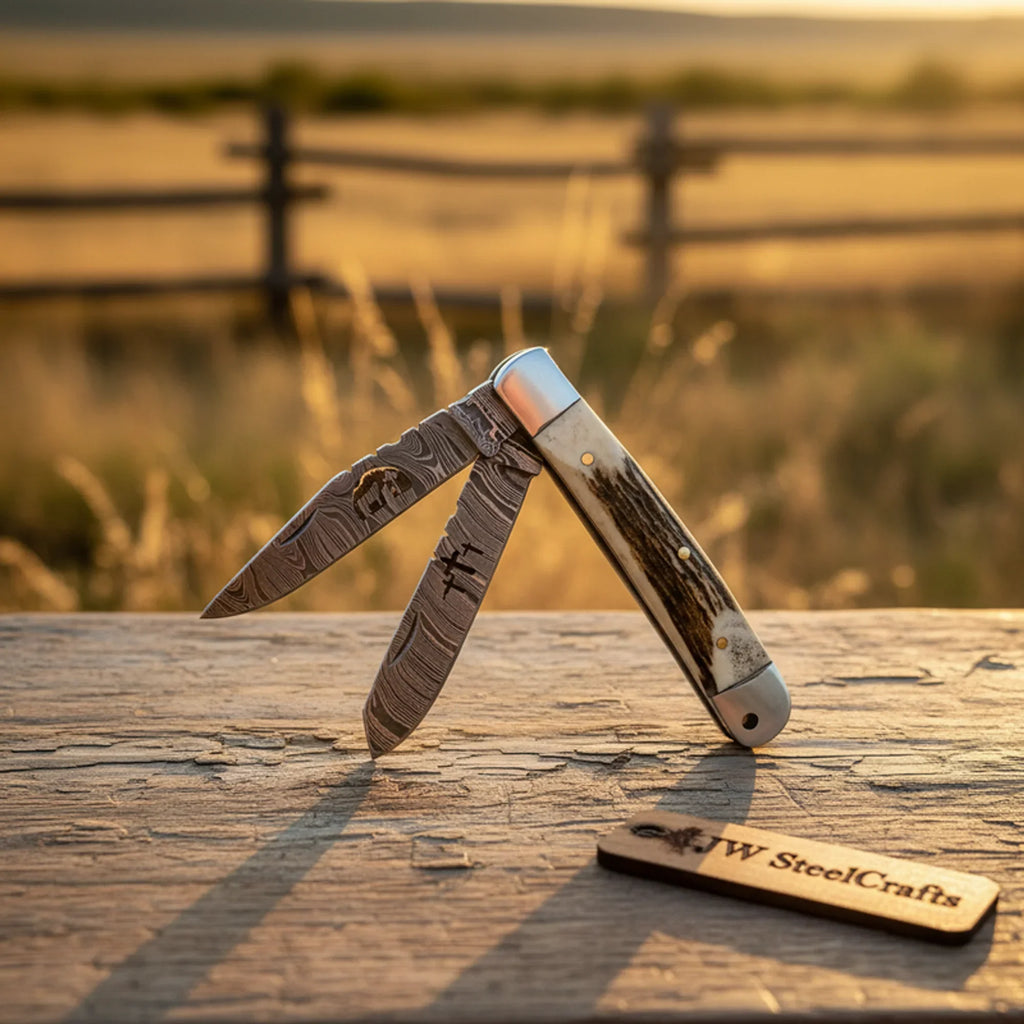 Dual-Blade Stag Slipjoint Folder knife Stag Horn Handle, Steel Bolster, Engraved Sheath