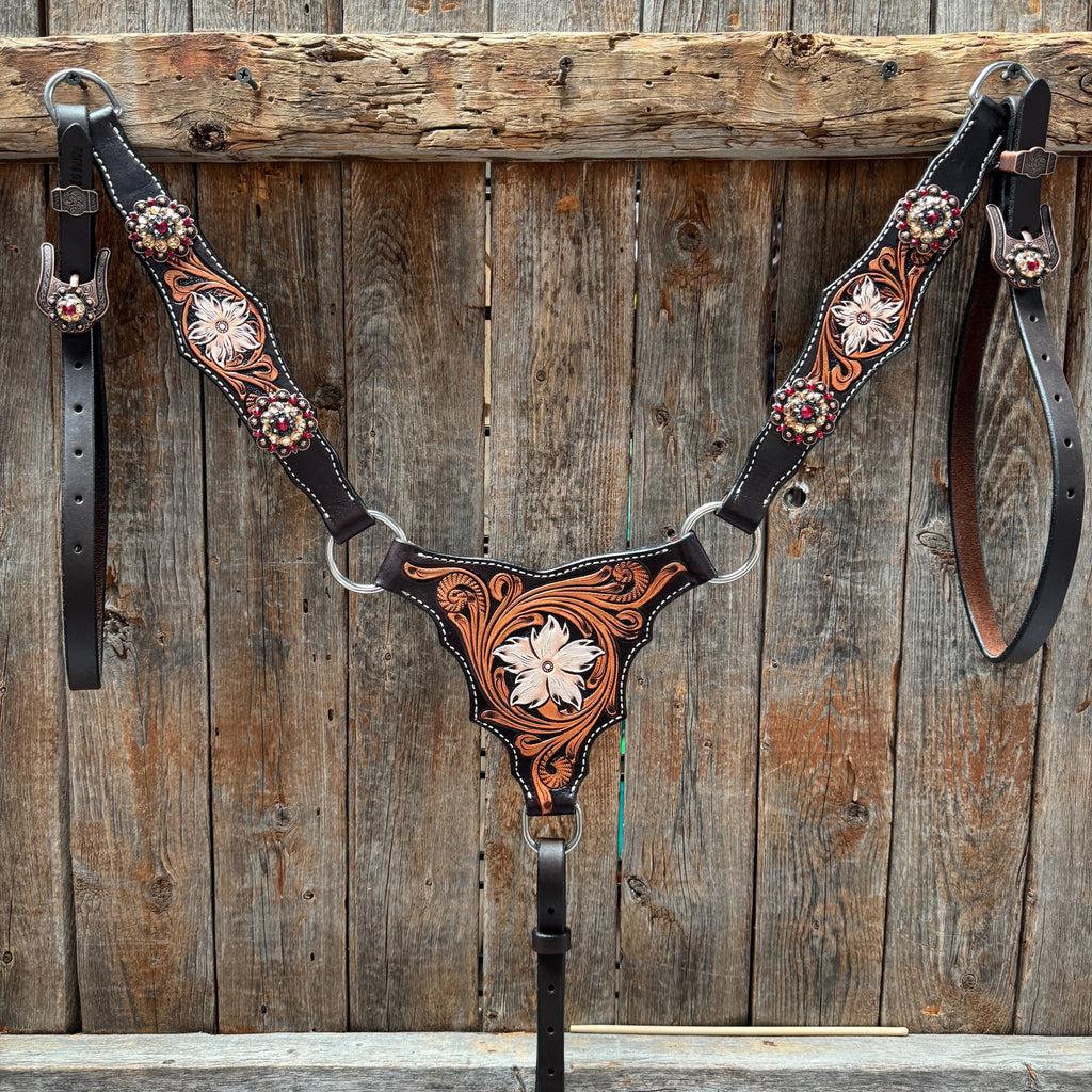 Triple Tone Floral Ruby, Jet and Champagne Browband - Triangle / Gladiator Breastcollar Tack Set #BBBC451 — view 6